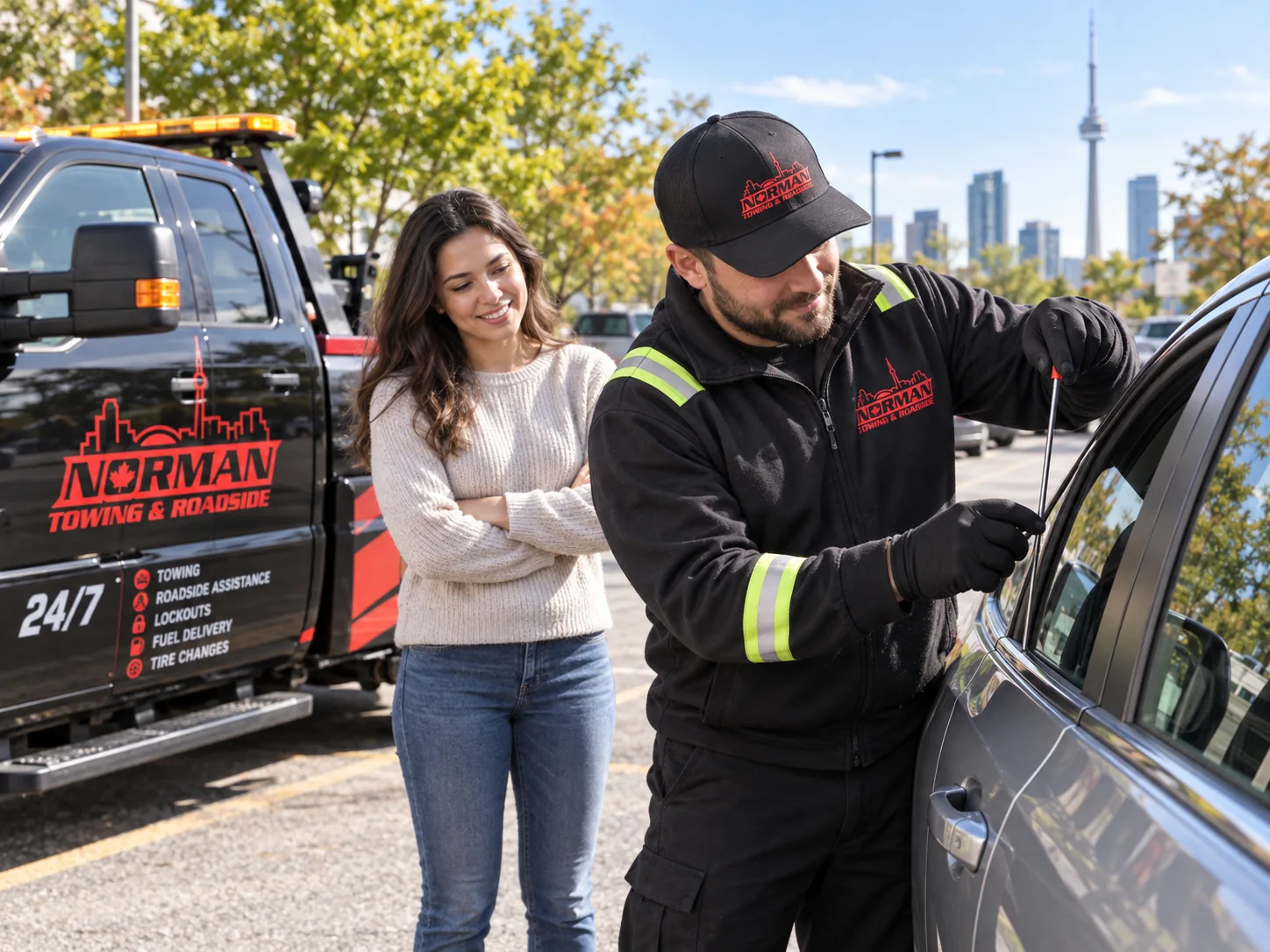Norman Towing technician helping unlock a customer's car during a roadside lockout service