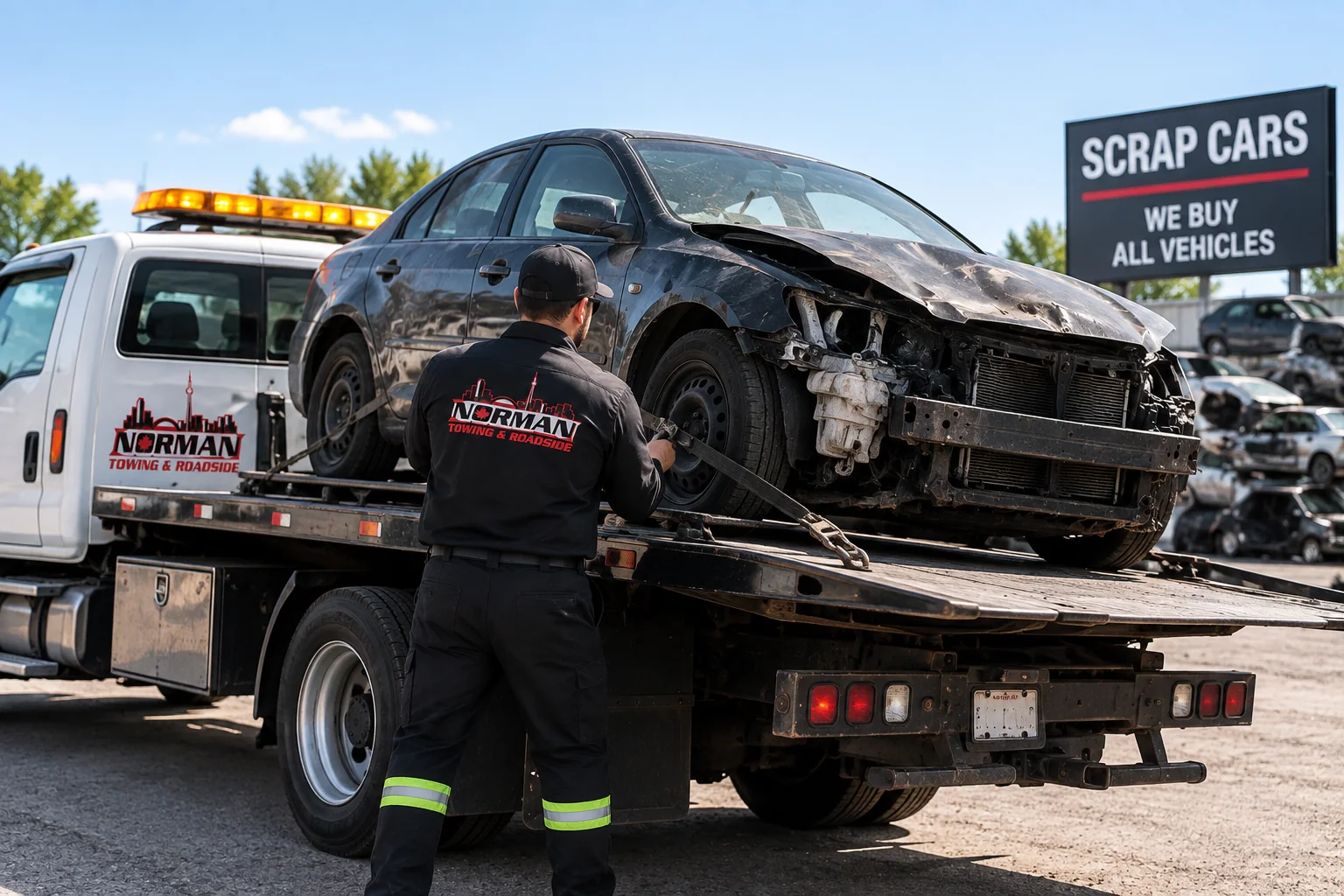 Norman Towing operator loading a damaged scrap car onto a flatbed truck for removal and recycling