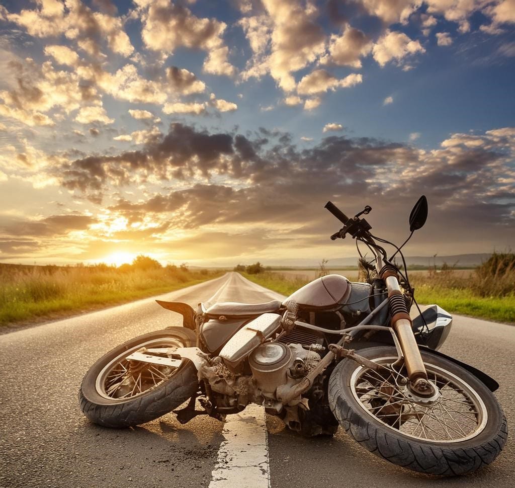 broken motorcycle on the road at the sunset with clouds | Motorcycle Towing Services