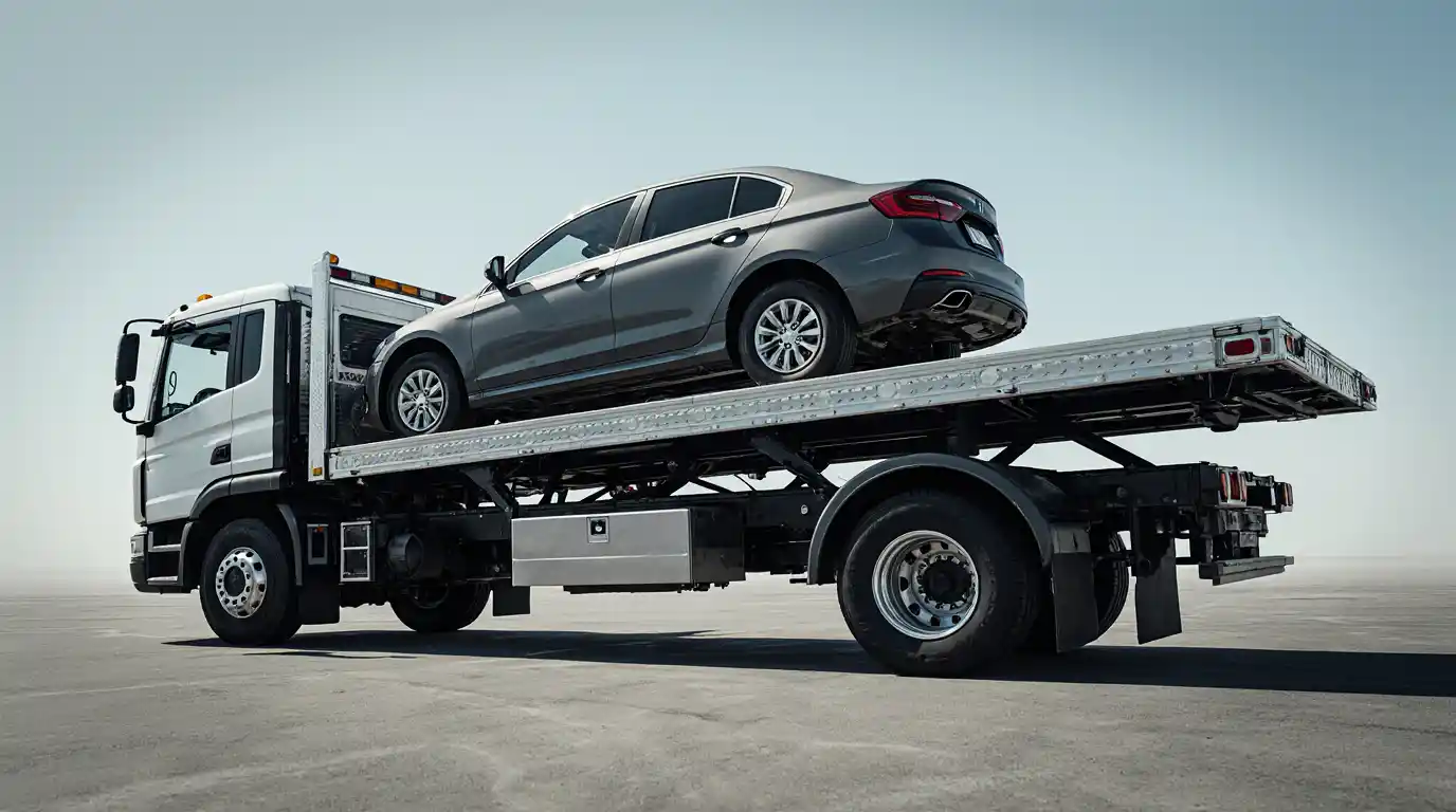 Car safely loaded on a tilt-load tow truck in Toronto