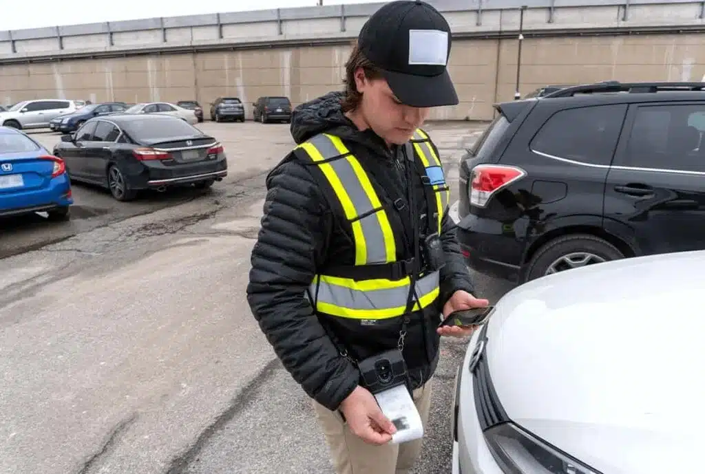 Parking enforcement officer documenting a parked vehicle.