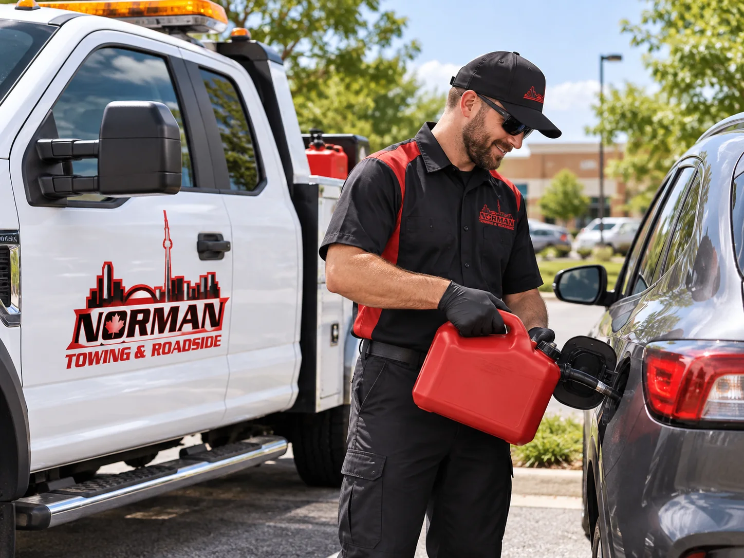 Norman Towing operator pouring fuel into a stranded vehicle.