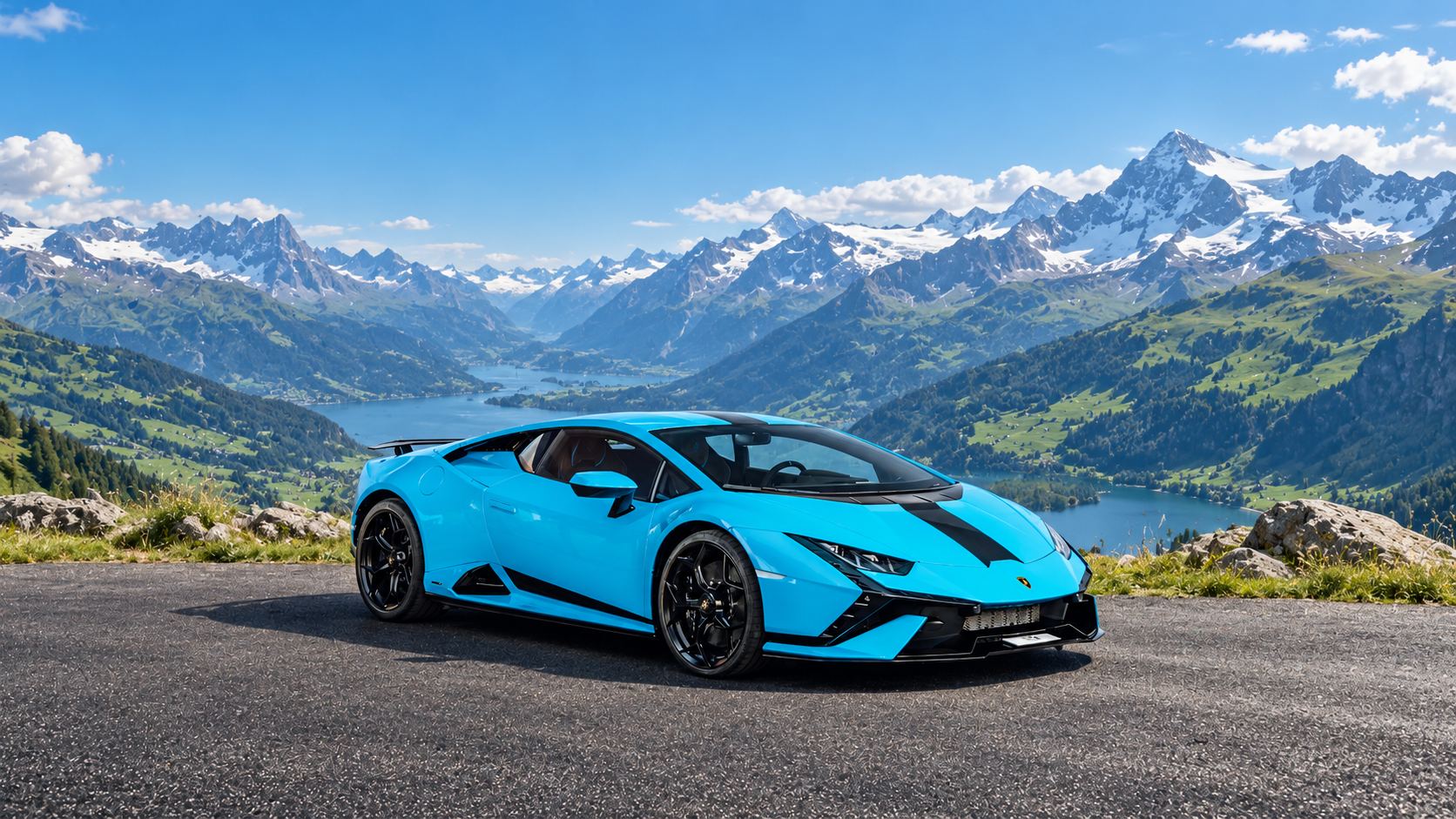 Blauer Lamborghini Huracán Tecnica vor Schweizer Alpen – Magic Rent