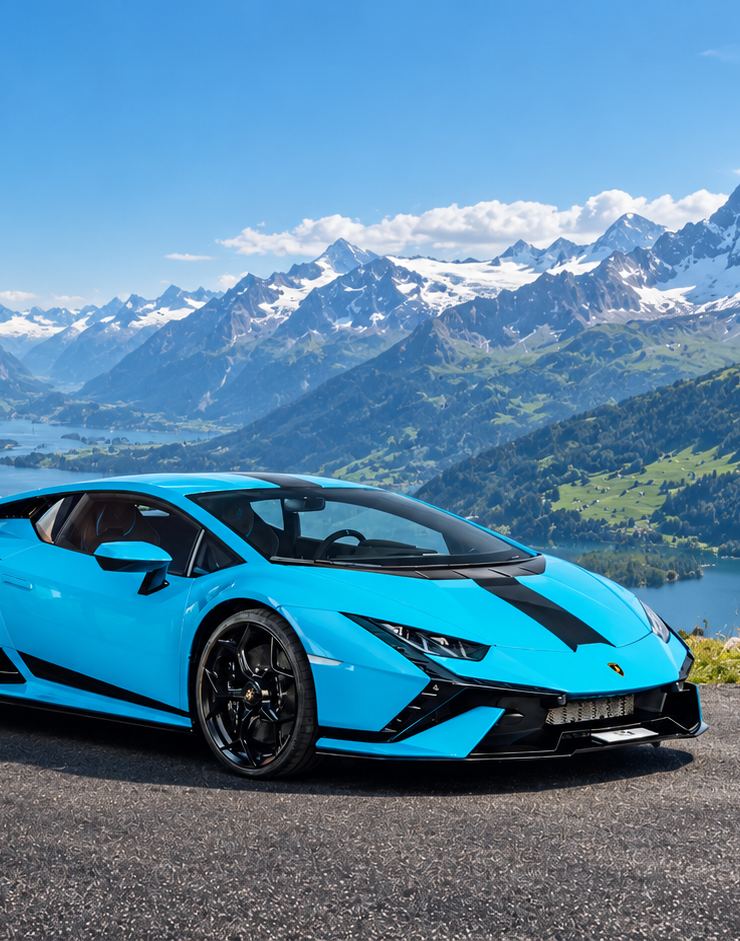 Blauer Lamborghini Huracán Tecnica vor Schweizer Alpen – Magic Rent