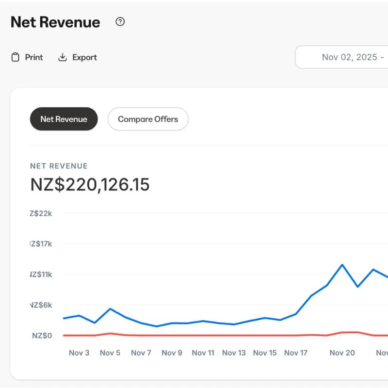 Line chart showing net revenue growth reaching NZ$220,126.15, with dates from Nov 3 to Nov 22, 2025.