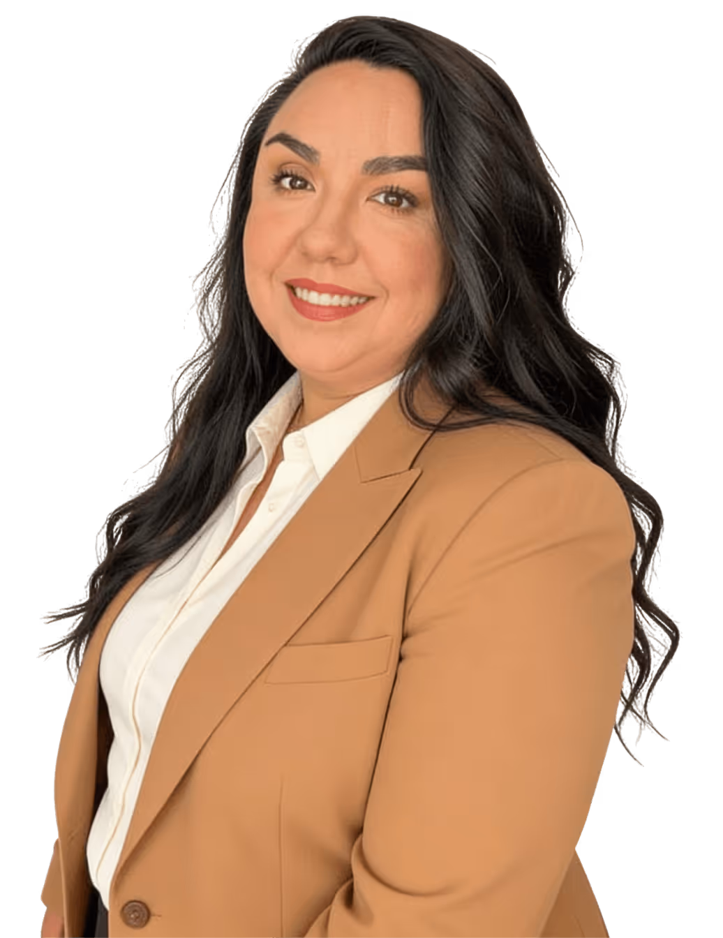 Nathaly Glass, professional bookkeeper and founder of Numbers and Balance, smiling in a camel blazer