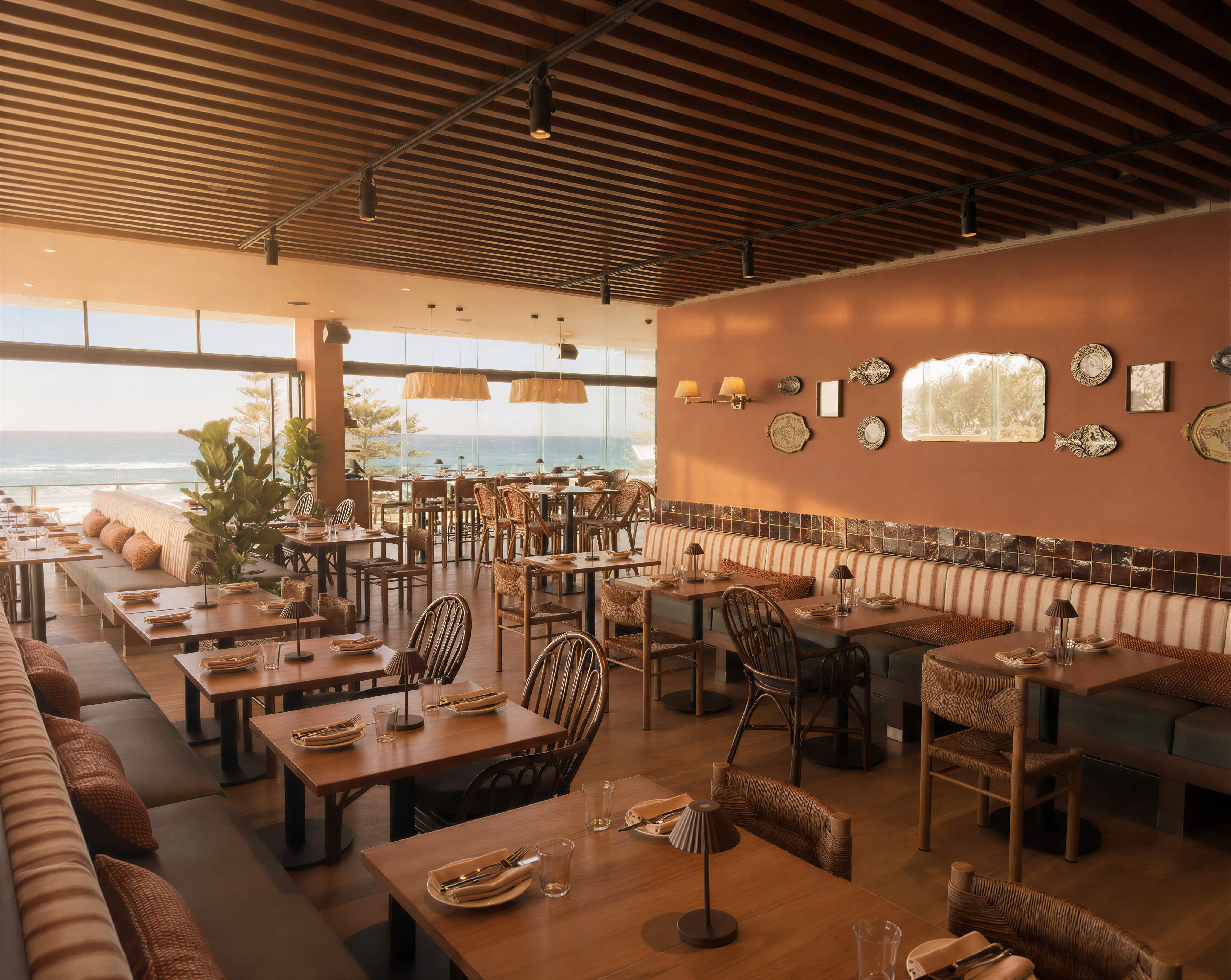Lounge and bar seating at Valentina events space with ocean views, Surfers Paradise