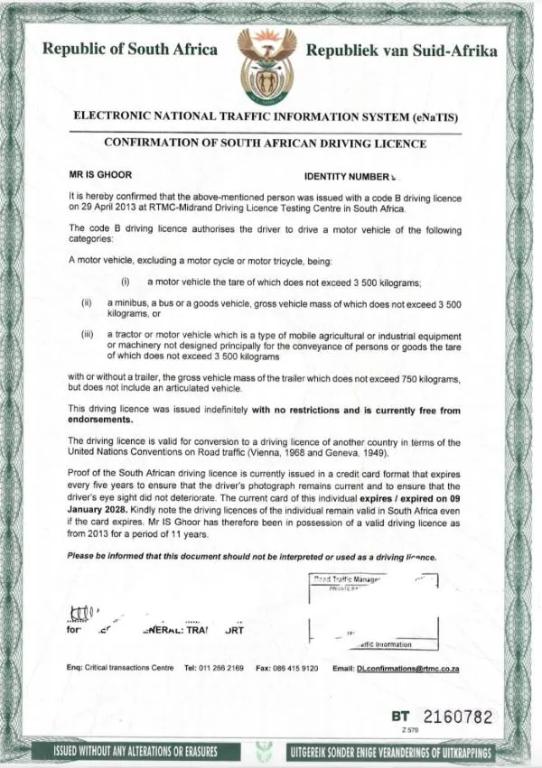 Example of a South African Driver’s Licence Confirmation Letter used for licence verification abroad.