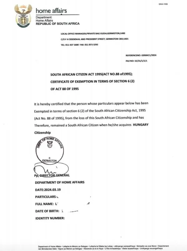 Example of a Retention of South African Citizenship approval letter from the Department of Home Affairs.