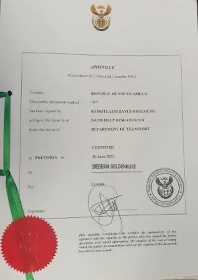 Example of a DIRCO Apostille authentication issued in South Africa for documents used abroad.