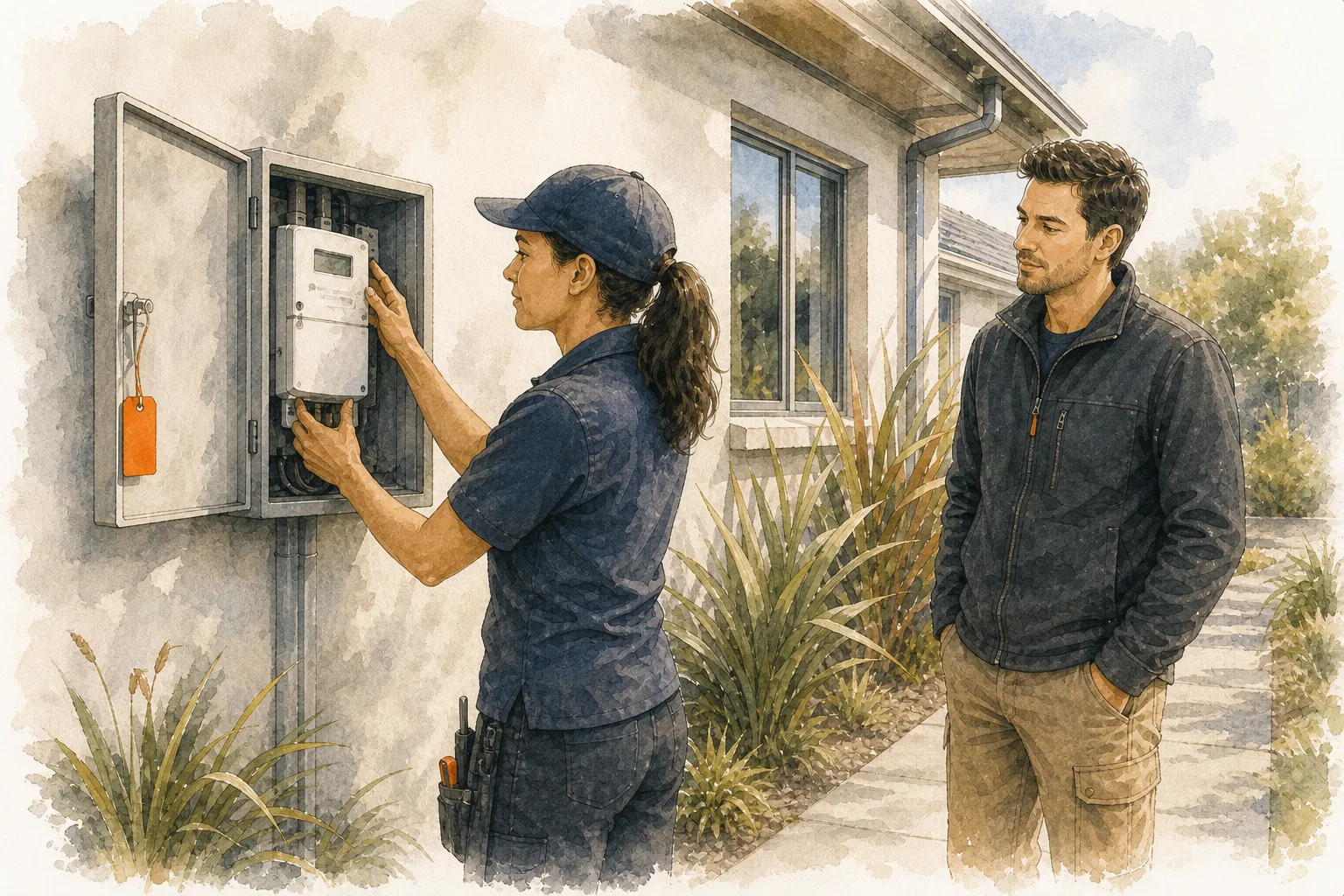 A technician fits a new electricity meter into a meter box on the wall of a house while the homeowner watches from the path