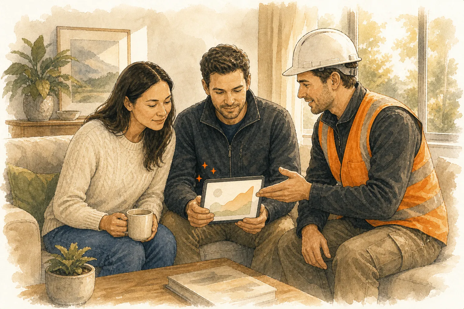 Two homeowners sit on a sofa looking at a tablet showing their system generating, while the installer explains what they are seeing