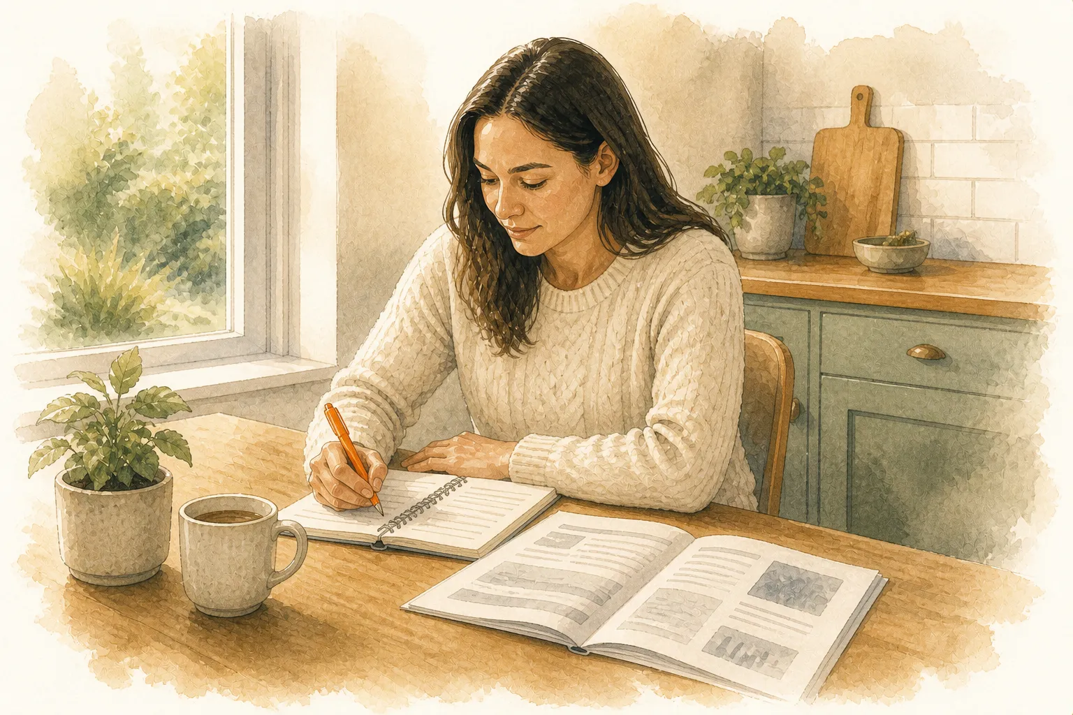 A homeowner sits at her kitchen table with a solar proposal open in front of her, writing a list of questions in a notebook
