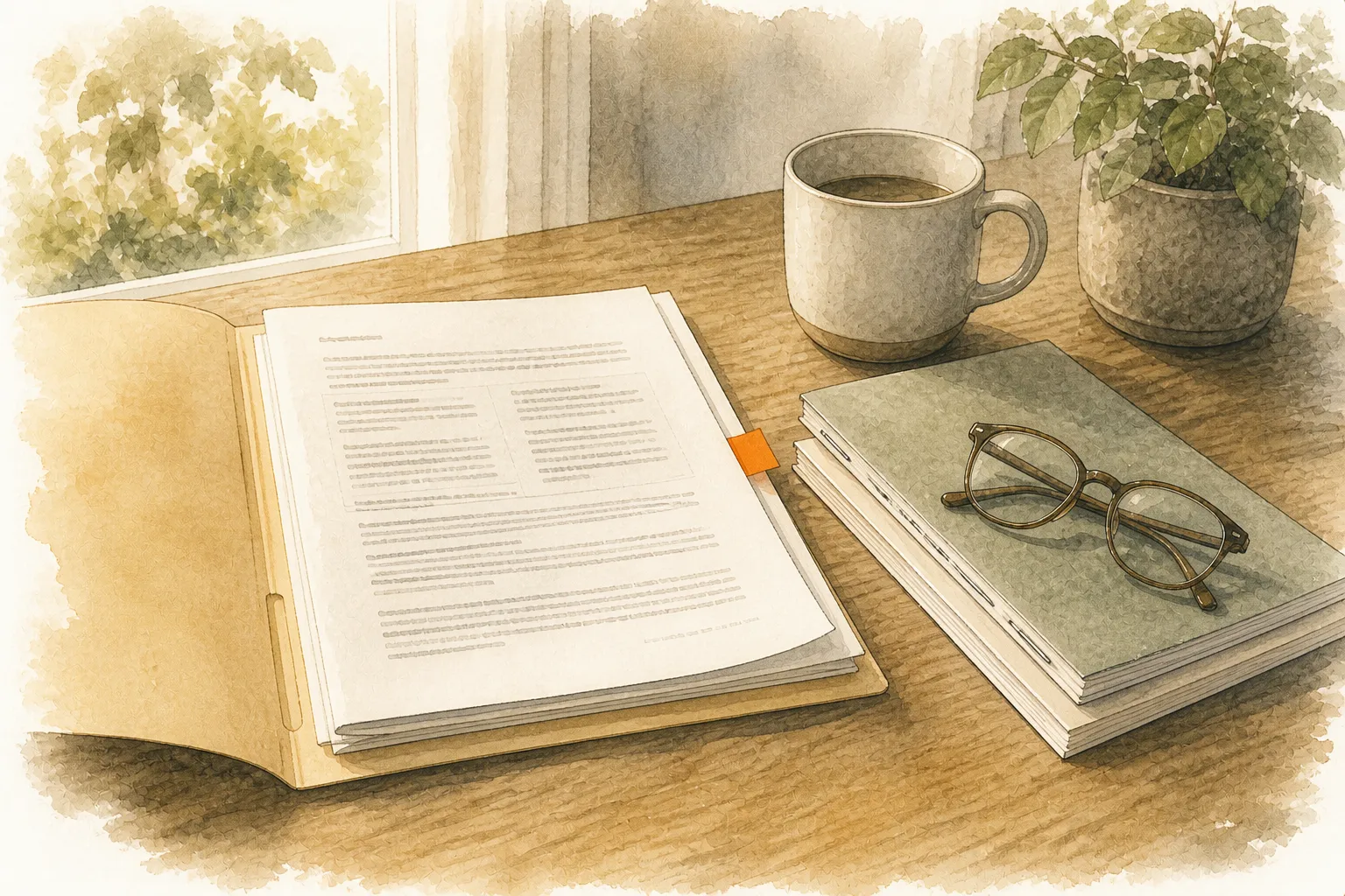 An open folder of warranty documents on a table with reading glasses, a stack of booklets and a mug