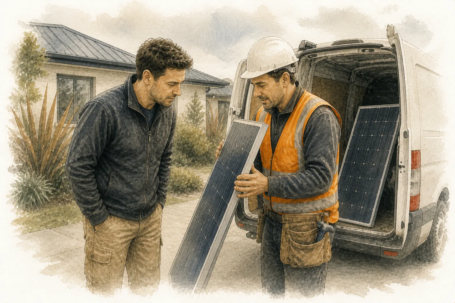 An installer holds a solar panel upright in a driveway, showing its construction to a homeowner who is leaning in to look