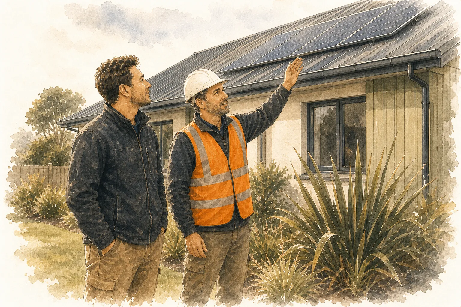 An installer and a homeowner stand on the lawn looking up at the solar array, the installer gesturing along the roofline as he explains the layout