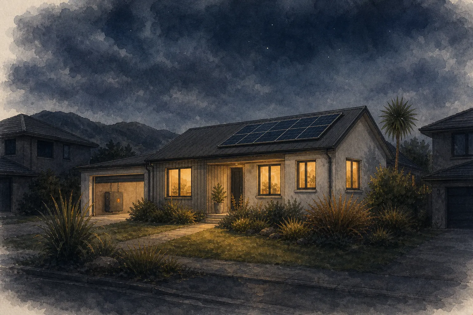 A street at night during a power cut, with neighbouring houses dark and one home lit from within, its battery unit visible in the open garage