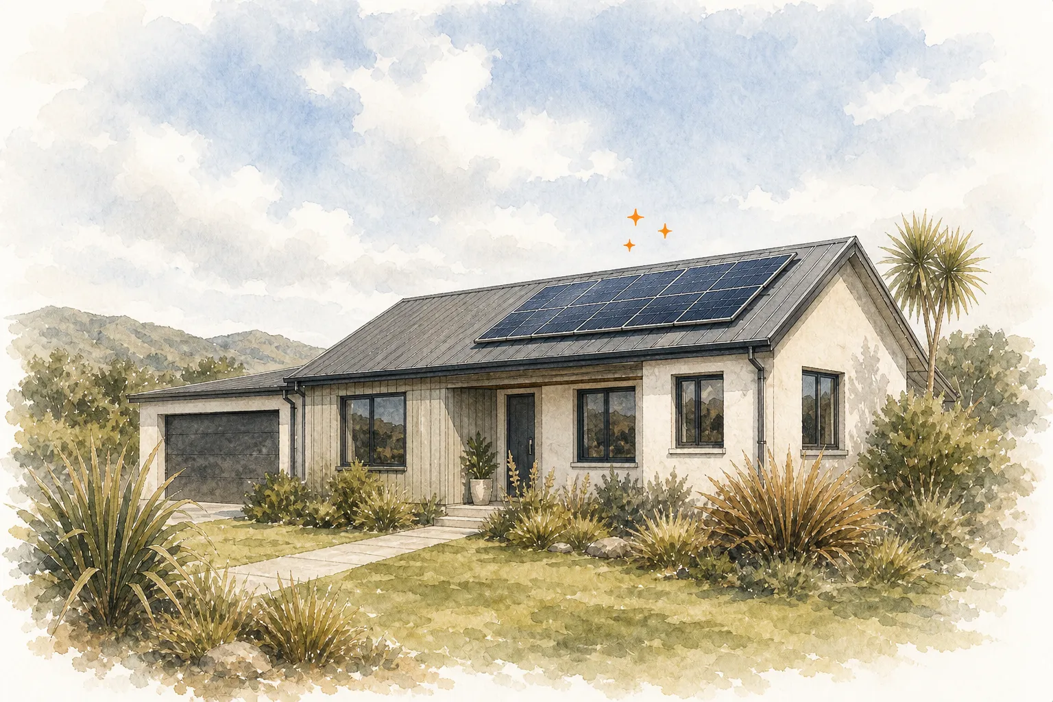 A New Zealand home with solar panels on the roof under a wide clear sky, with native planting along the path and hills in the distance