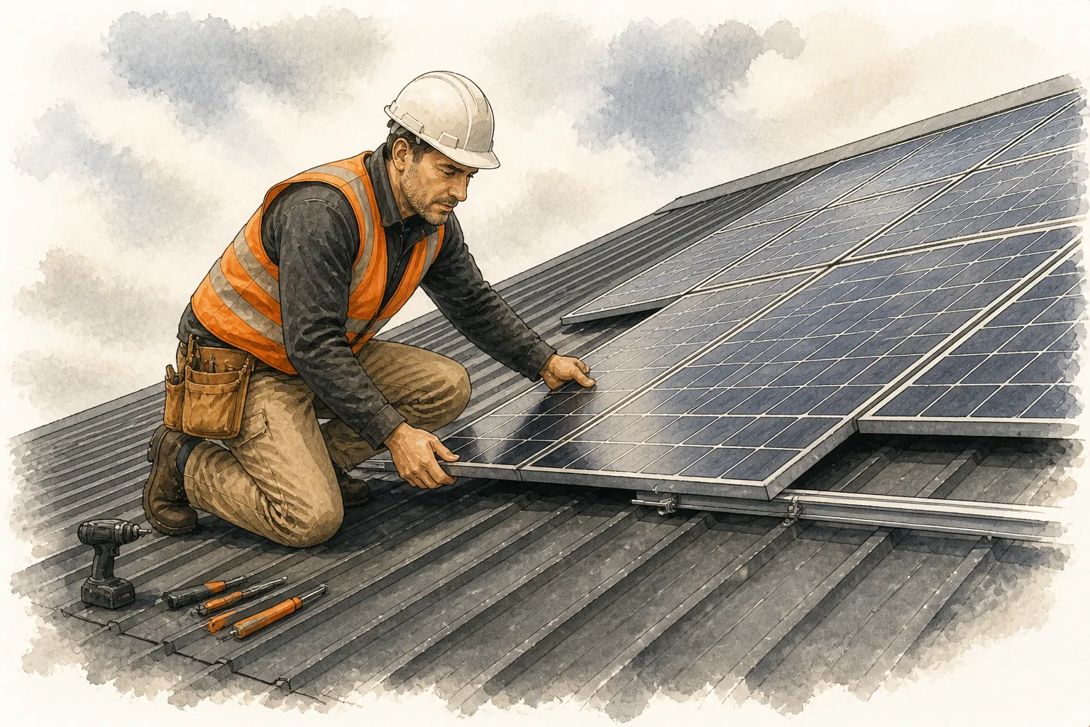 An installer kneeling on a roof guides a solar panel into its mounting rail, with the completed run beside him squarely aligned and the cabling neatly clipped
