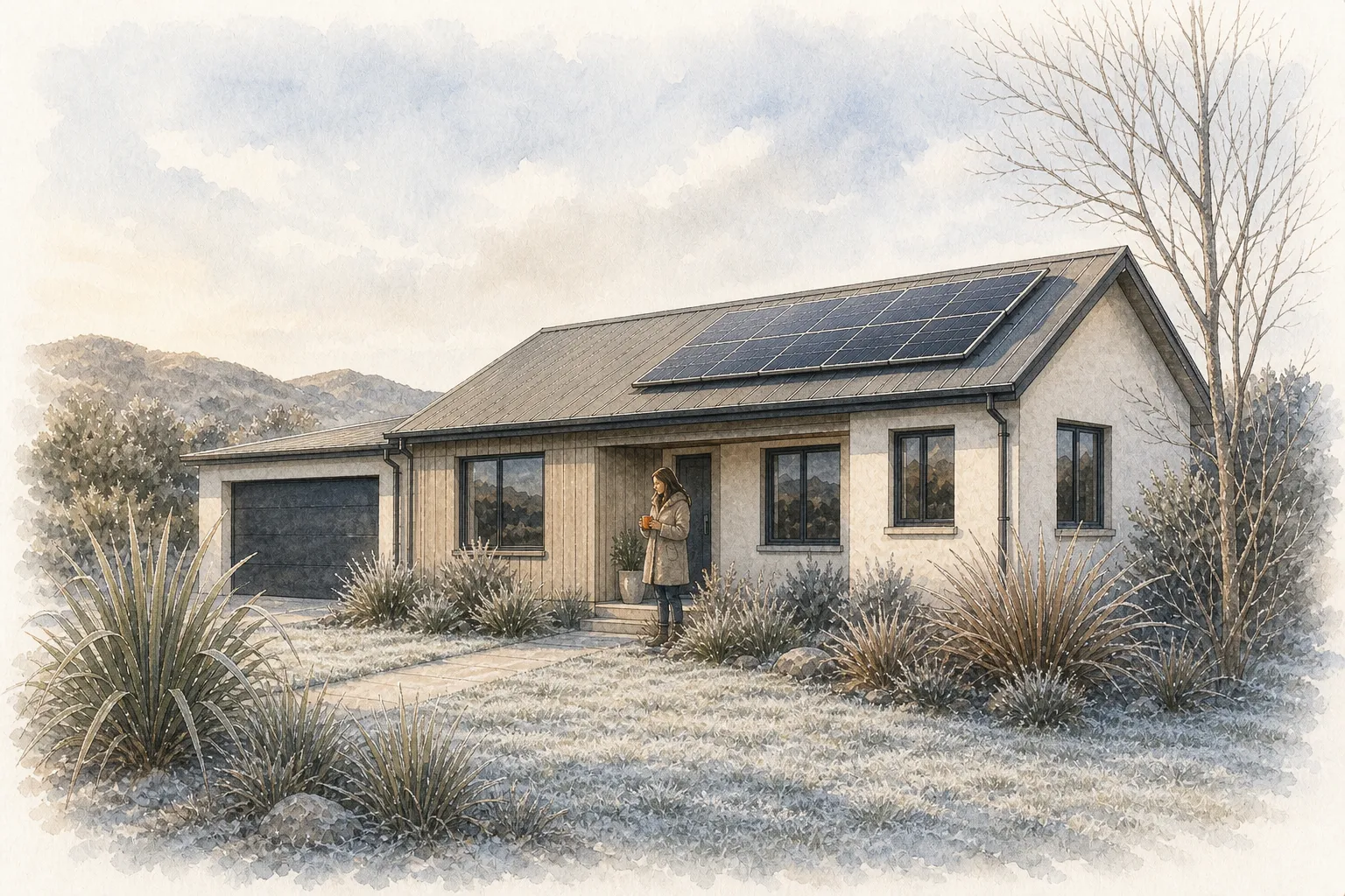 The same house on a frosty winter morning, low sun catching the solar panels while the homeowner stands on the deck with a hot drink