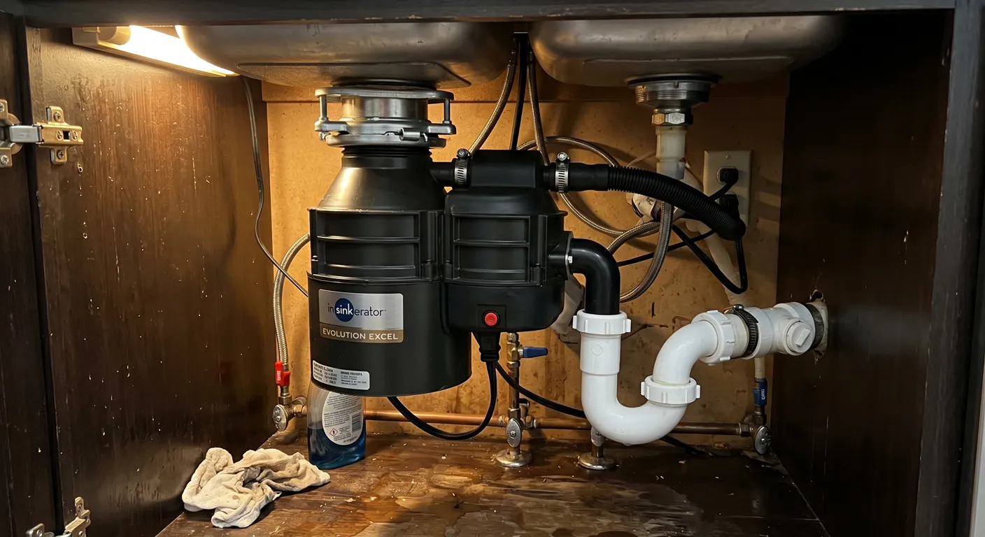 Under-sink view of a garbage disposal unit showing plumbing connections