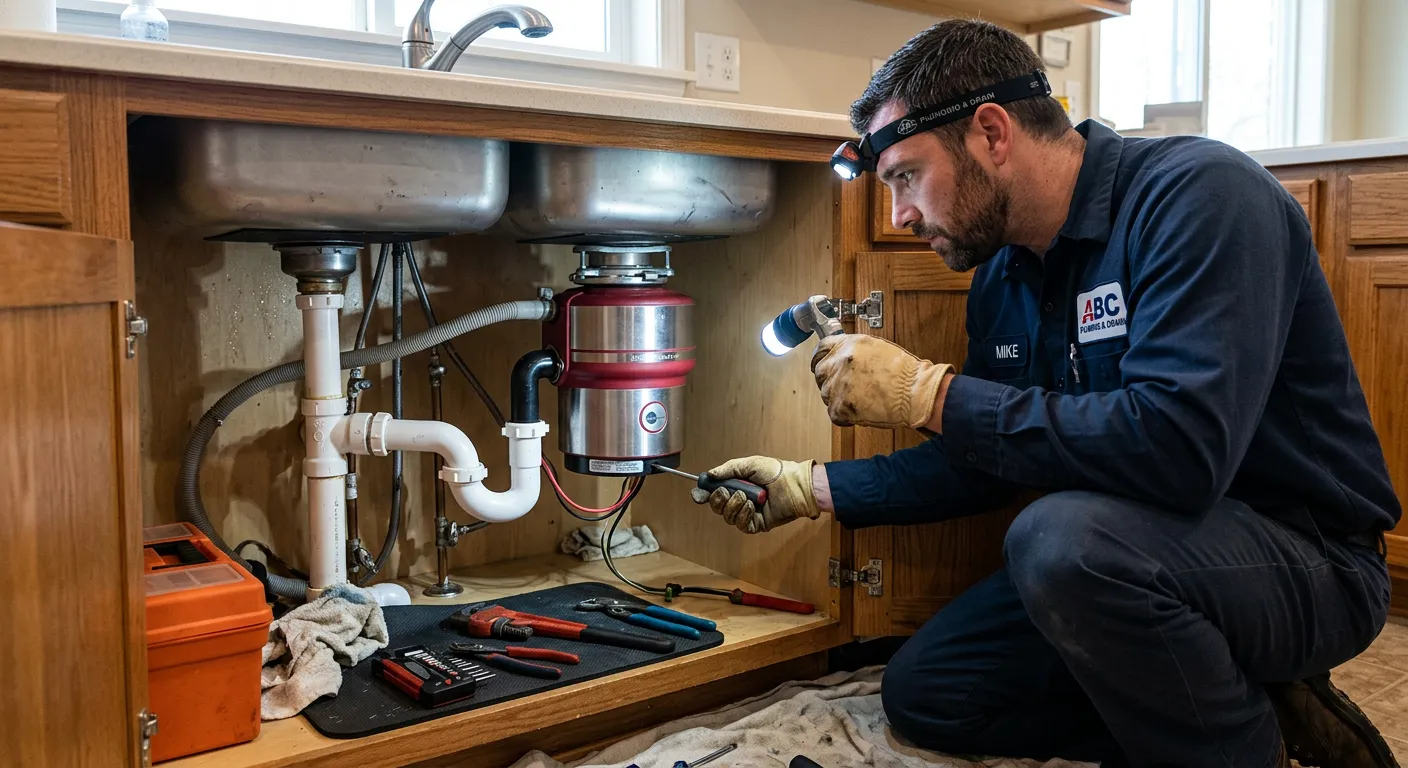 Plumber assessing a garbage disposal under a kitchen sink
