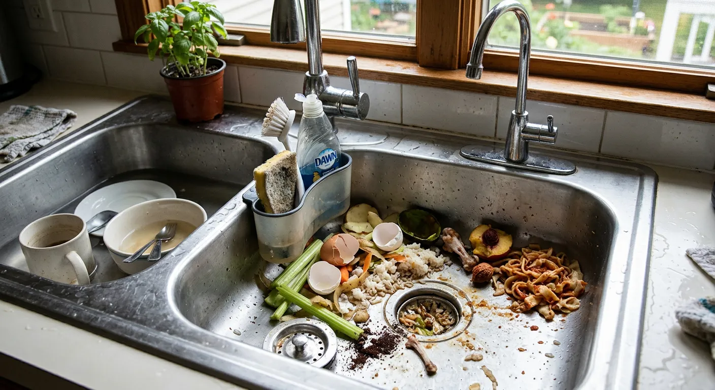 Kitchen sink drain with food waste nearby — common disposal mistakes