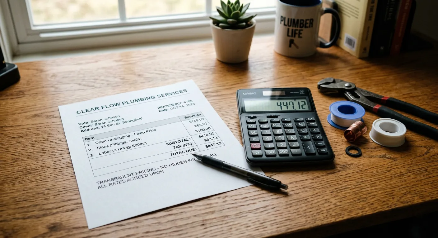 Calculator and invoice on a desk representing transparent plumbing pricing in Columbia SC