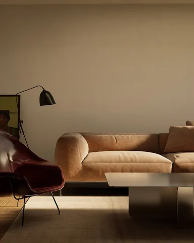 Minimalist living room with beige couch, dark leather chair, metal floor lamp, and modern coffee table.