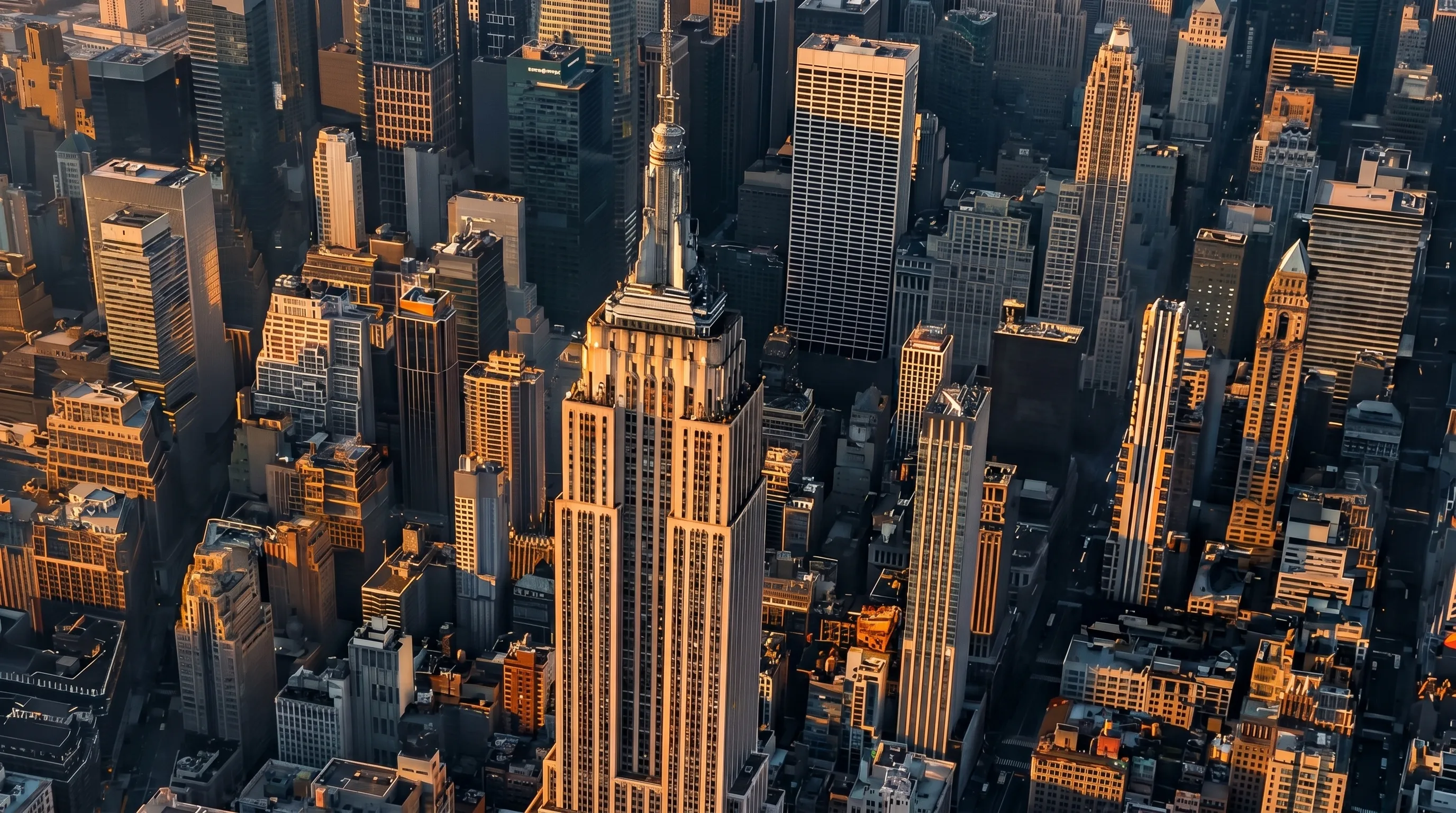 Aerial view of Manhattan skyscrapers with the Empire State Building highlighted by sunset light.