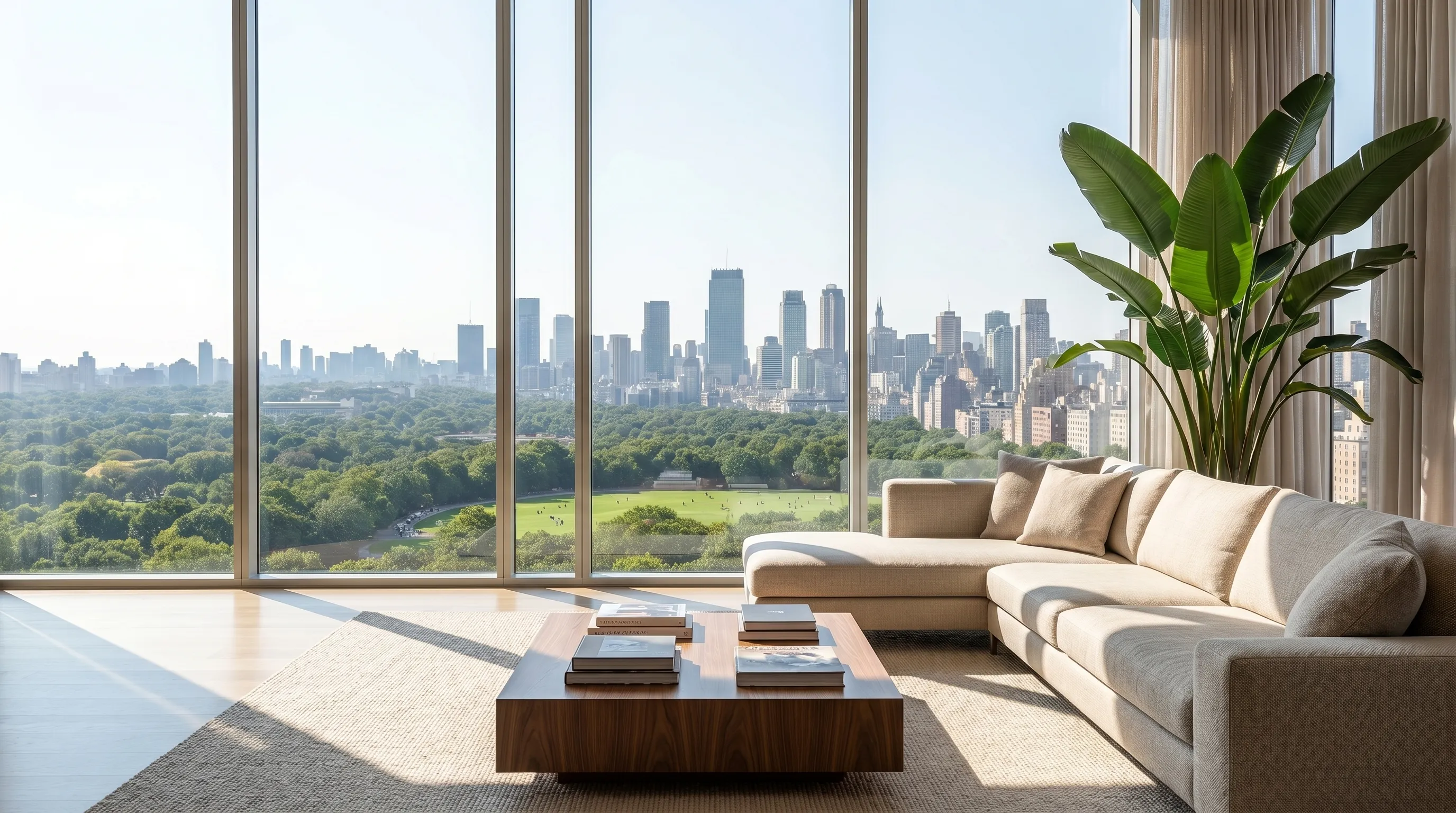 Living room with beige sectional sofa, wooden coffee table, large plant, and floor-to-ceiling window view of city park.