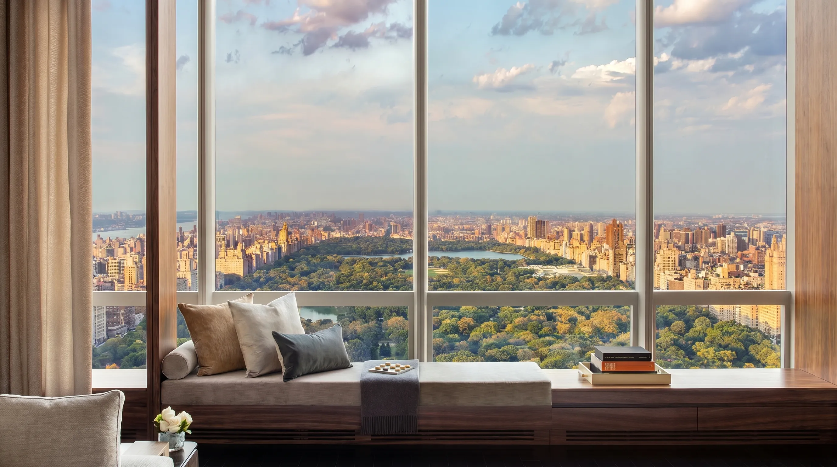 Modern room with cushioned bench, pillows, books, and large window overlooking Central Park and cityscape.