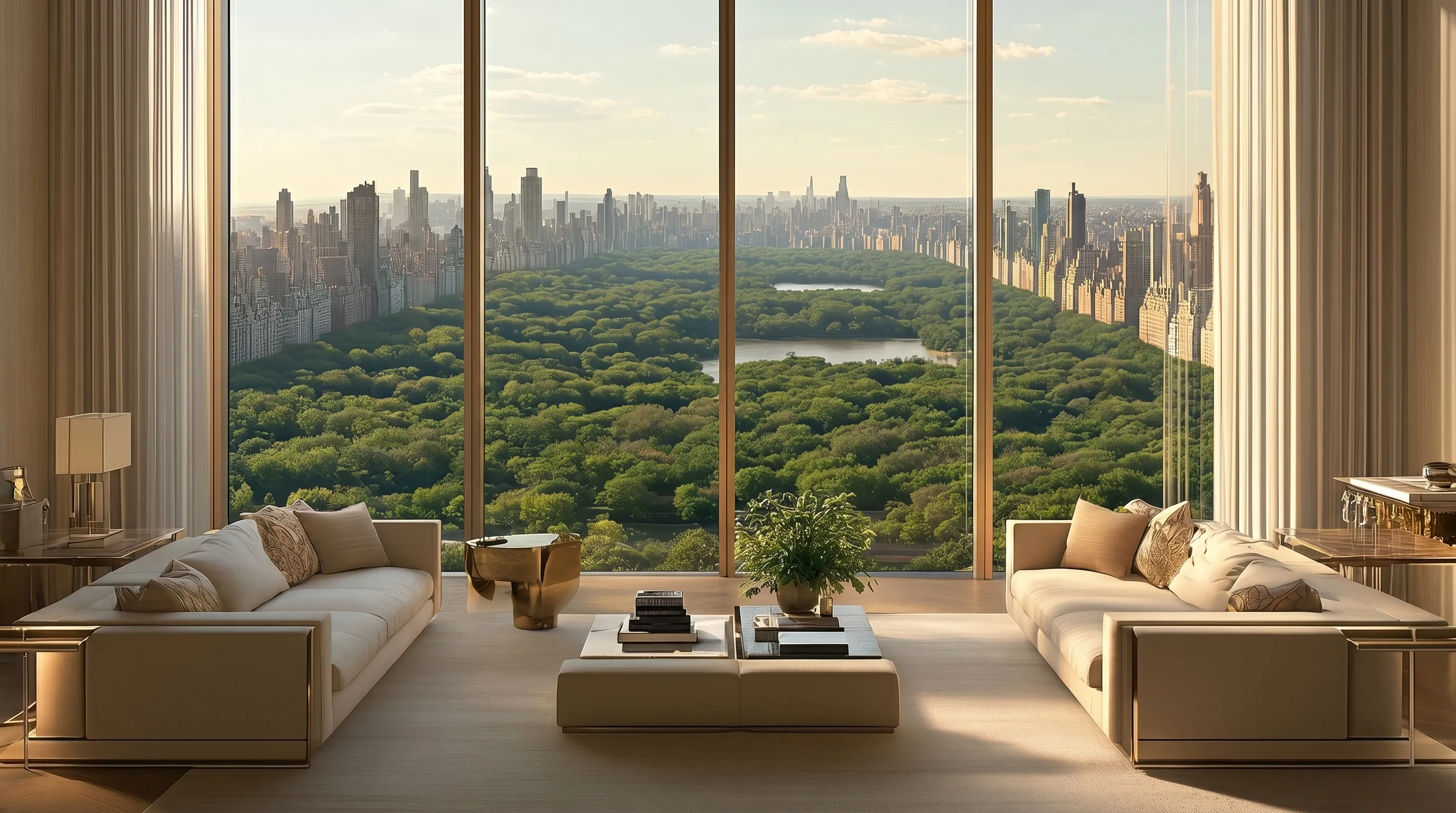 Modern living room with beige sofas, a coffee table, and large windows overlooking a city park.