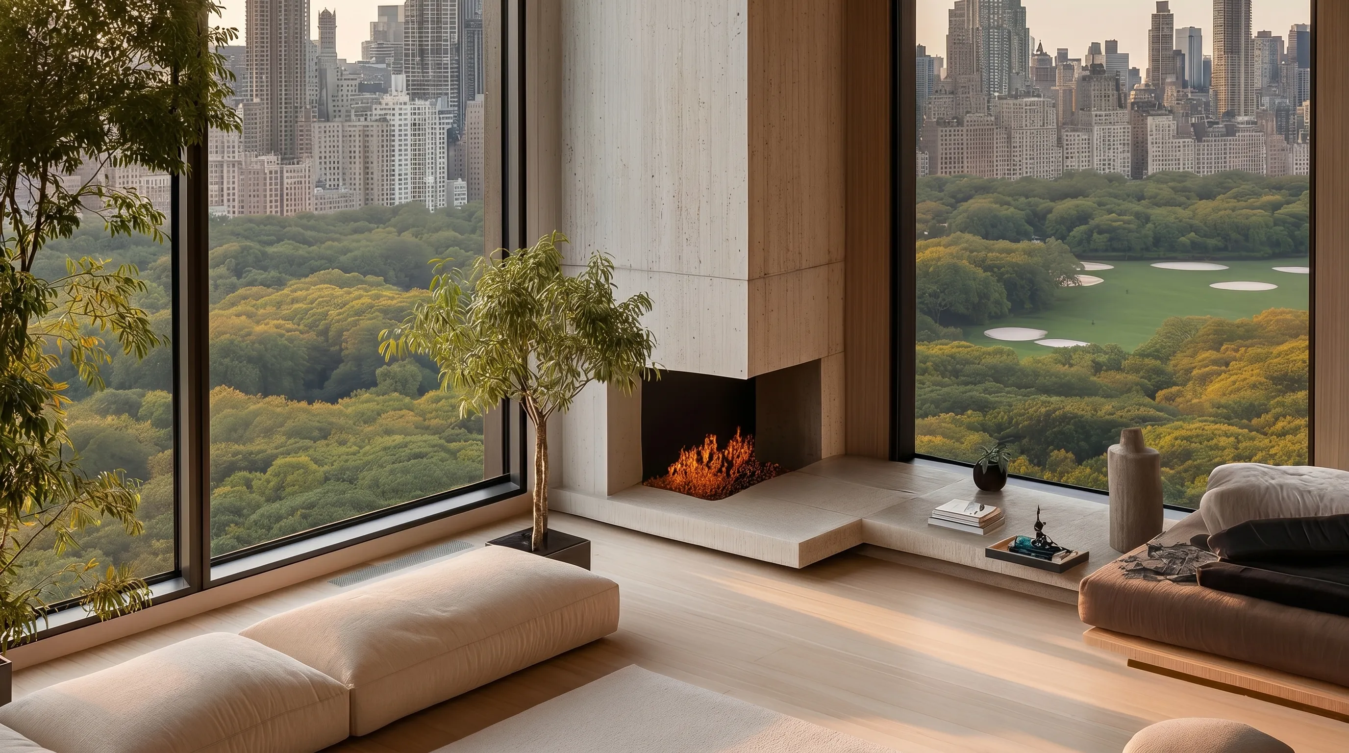 Modern living room with a fireplace, large windows overlooking a green park and city skyline.