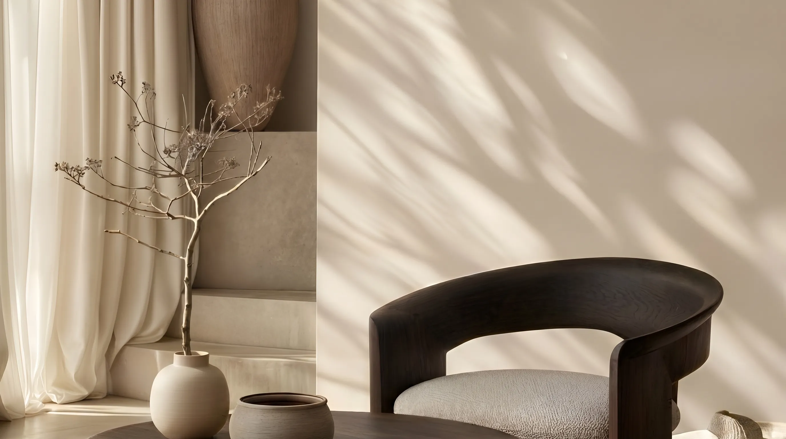 Minimalist indoor scene with a curved wooden chair, round vases, and a dried branch in soft light.