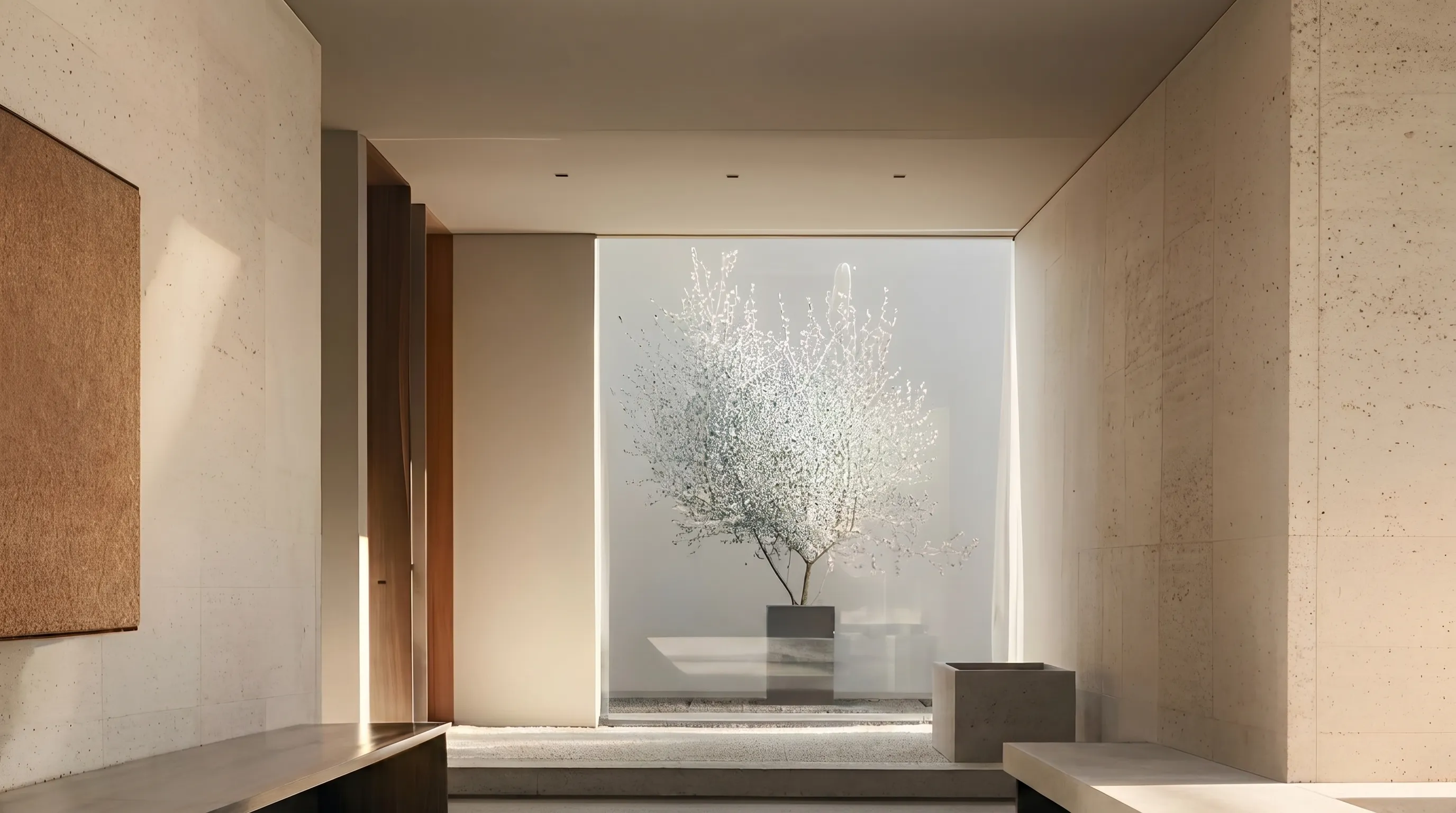Minimalist room with light beige walls, bench seating, and a frosted window showing a blooming tree outside.