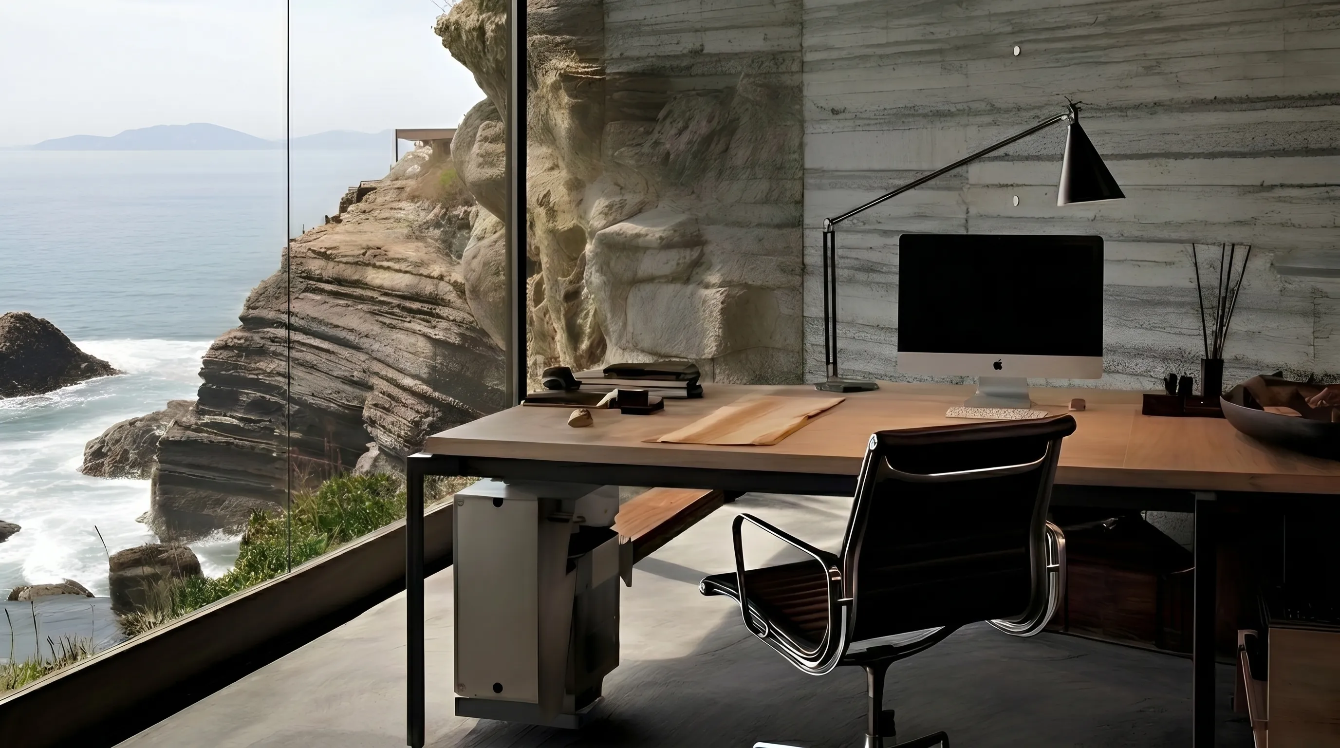 Modern desk with computer and lamp next to a large window overlooking rocky coastline and ocean view.