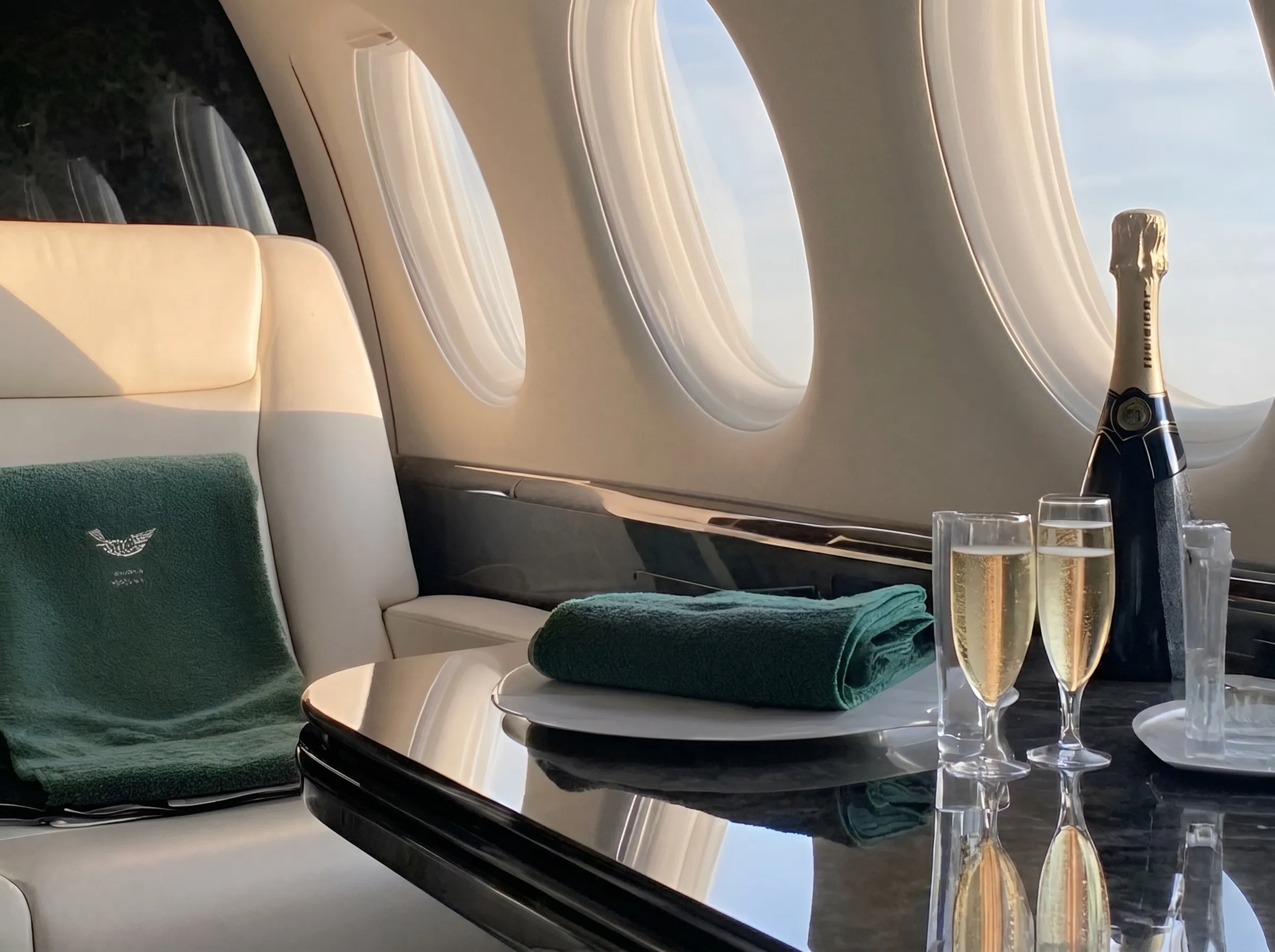 Inside a private jet with leather seat, green blankets, champagne bottle, and two filled flutes on table.
