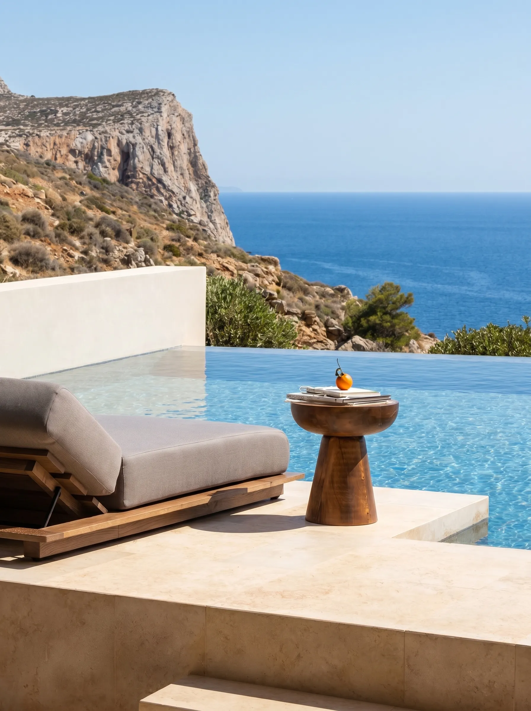 Lounge chair and small table next to infinity pool overlooking rocky coastline and blue sea.