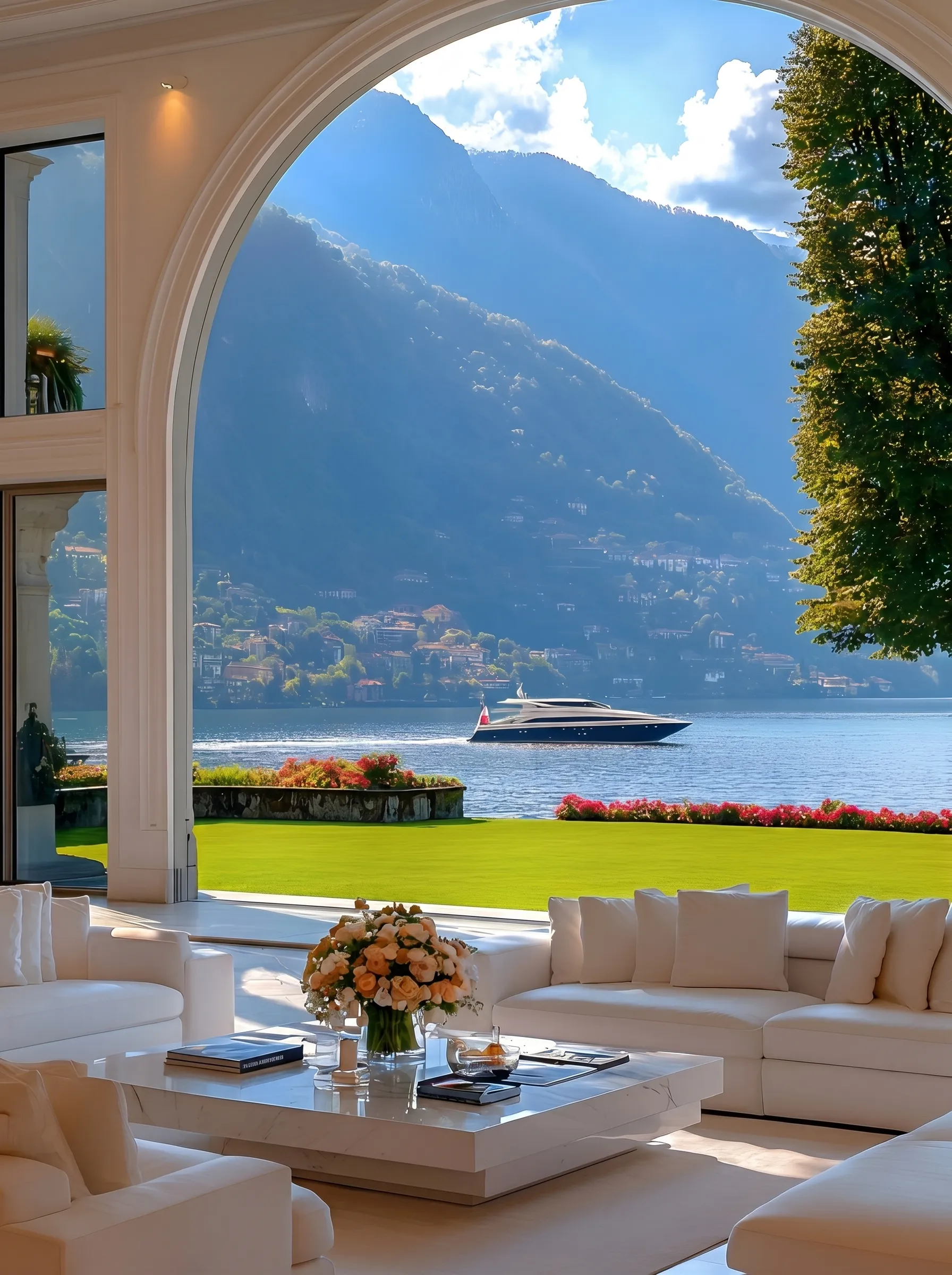 Luxury living room with white sofas and a coffee table overlooking a lake, mountains, and a yacht outside.