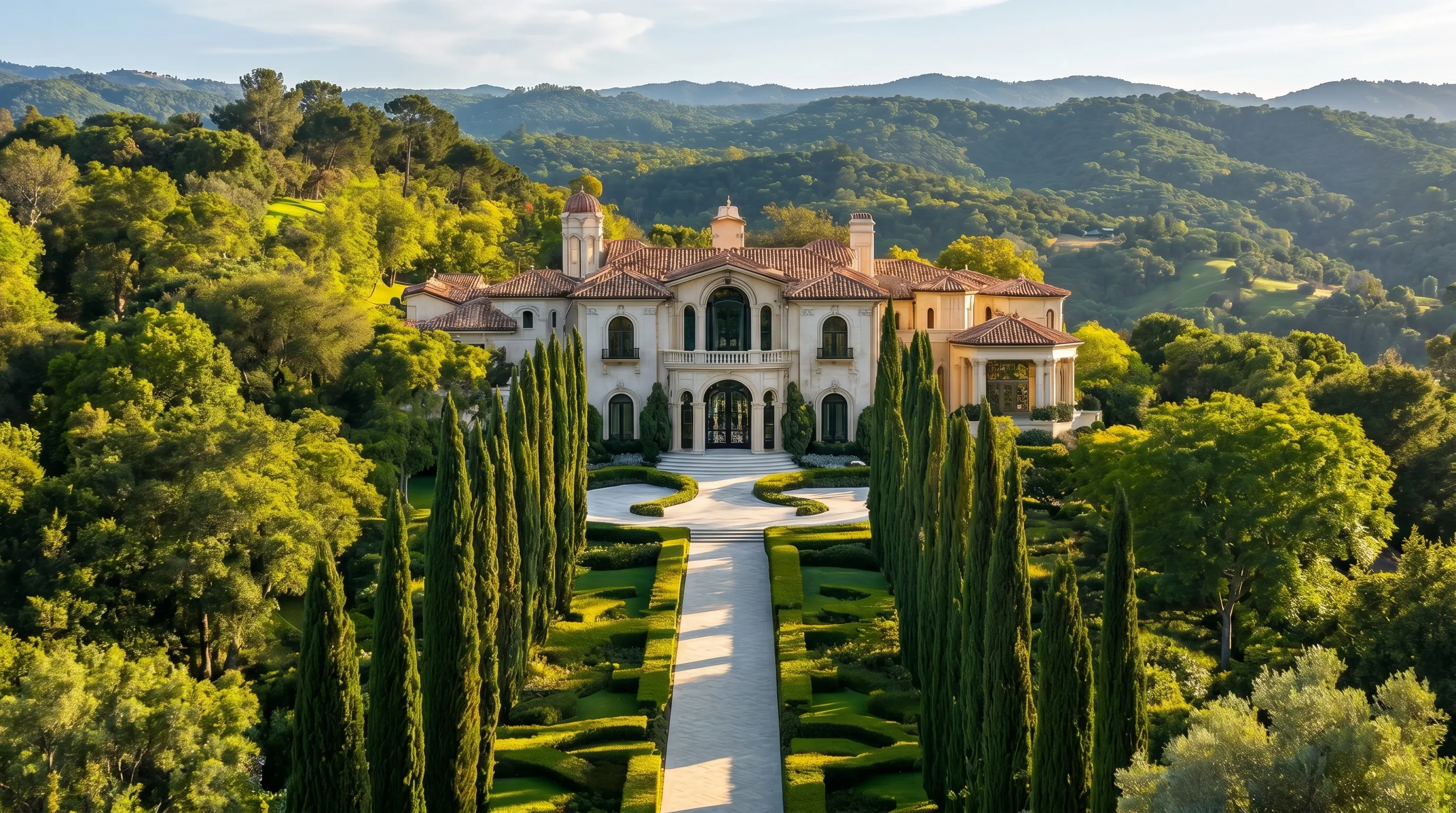 Large Mediterranean-style mansion with tall cypress trees and manicured gardens surrounded by forested hills.