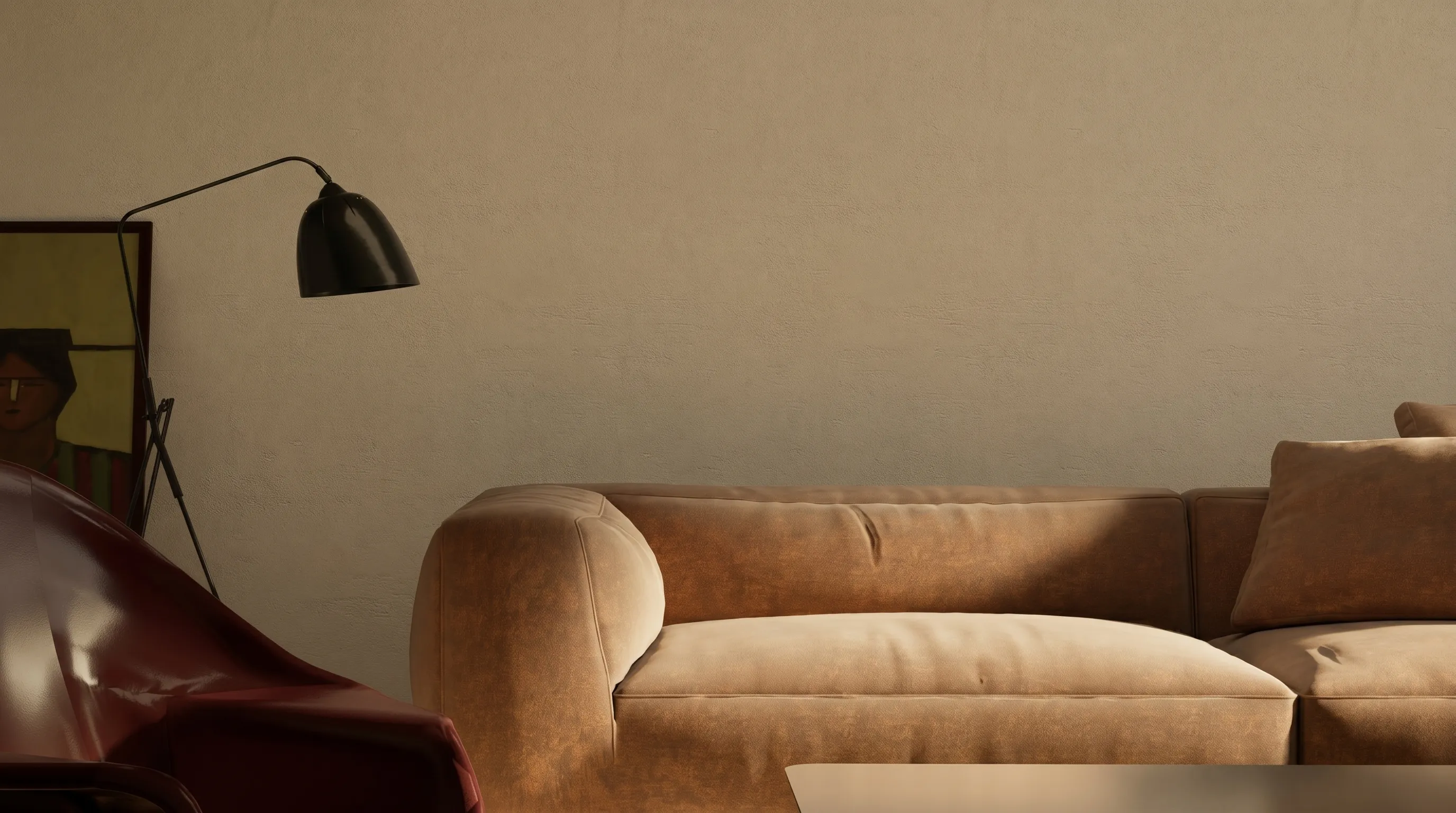 Brown leather sofa with cushions, a dark floor lamp, and a framed painting on a beige wall.