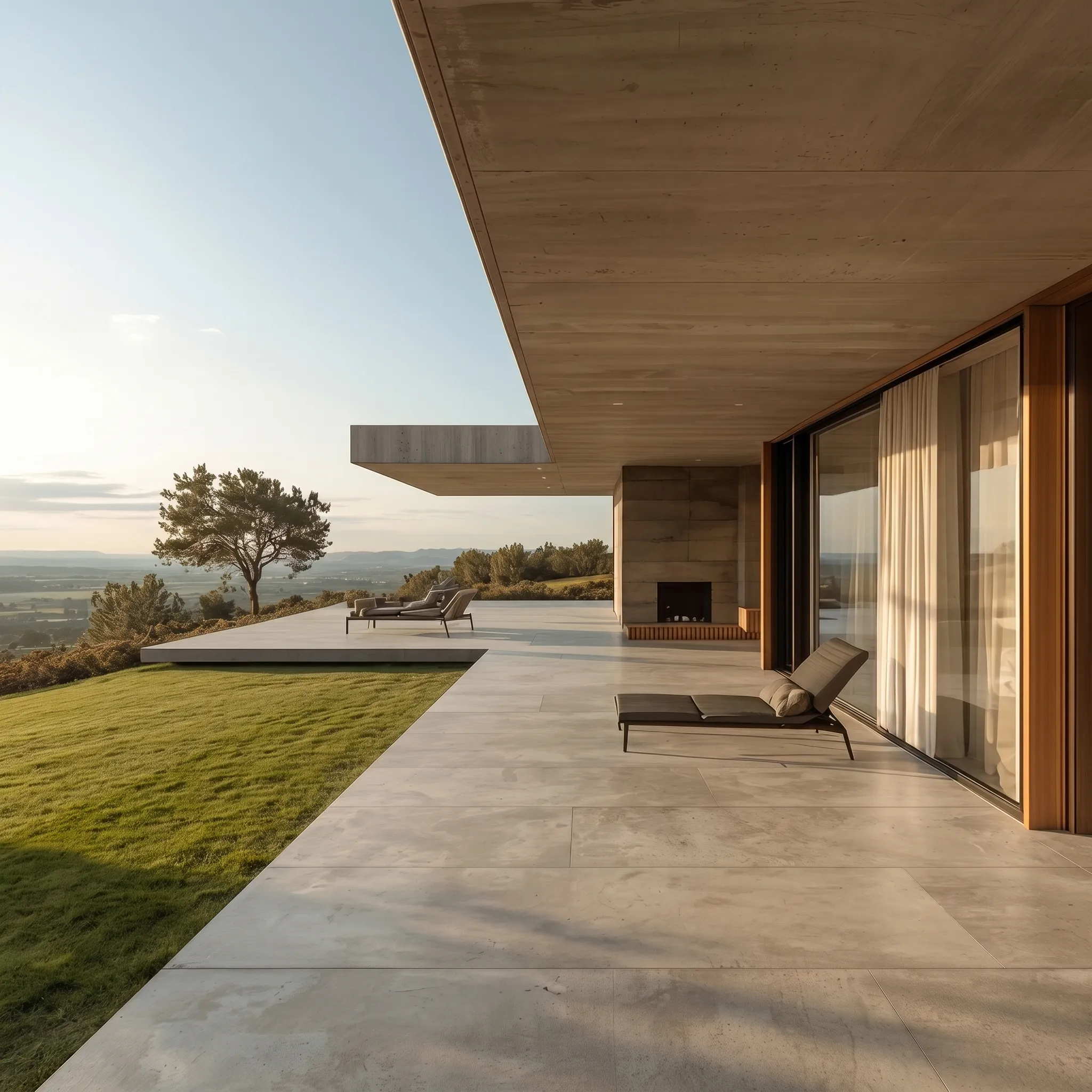 Modern patio with sun loungers, fireplace, grass lawn, and expansive view of trees and hills at sunset.