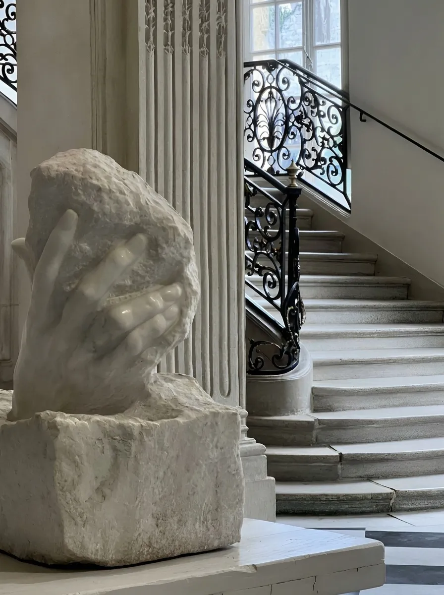 Marble sculpture of a hand holding a rough stone block indoors near a spiral staircase with ornate railing.