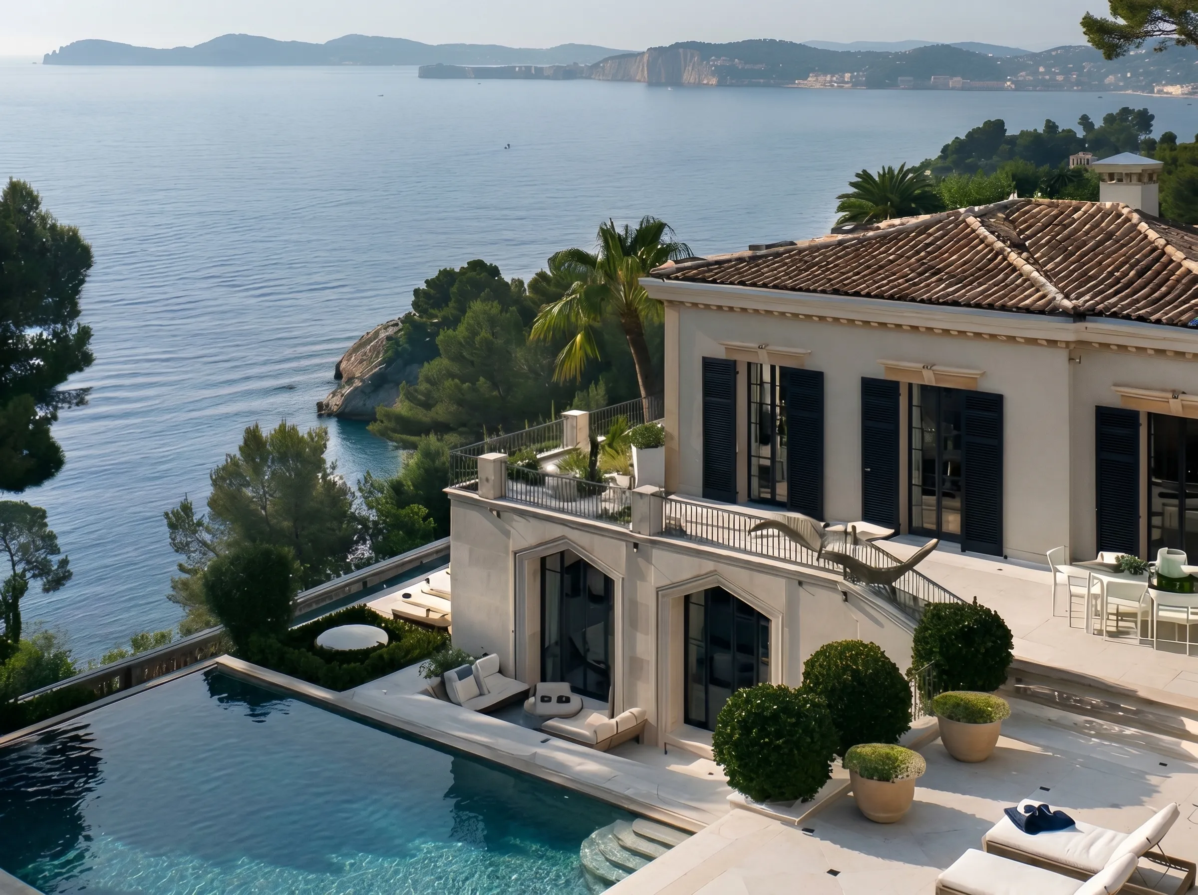 Luxury villa with a pool overlooking a calm sea and distant cliffs surrounded by greenery.
