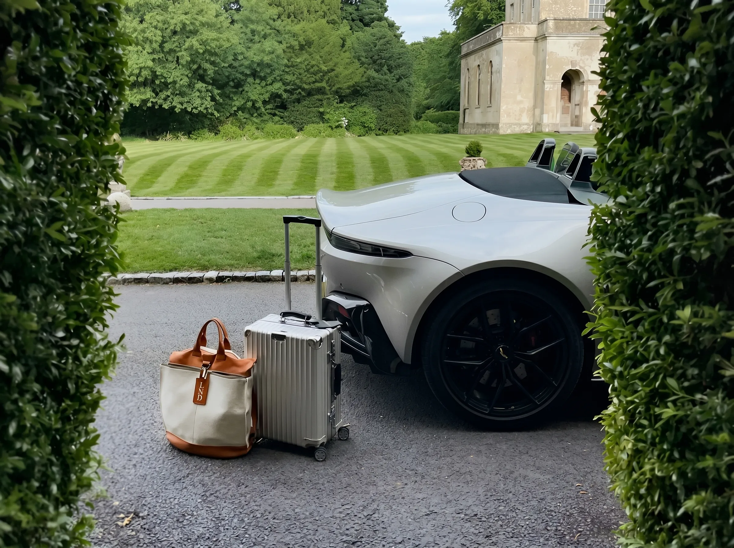 Silver convertible car parked near green lawn with a brown and beige bag and silver suitcase beside it.