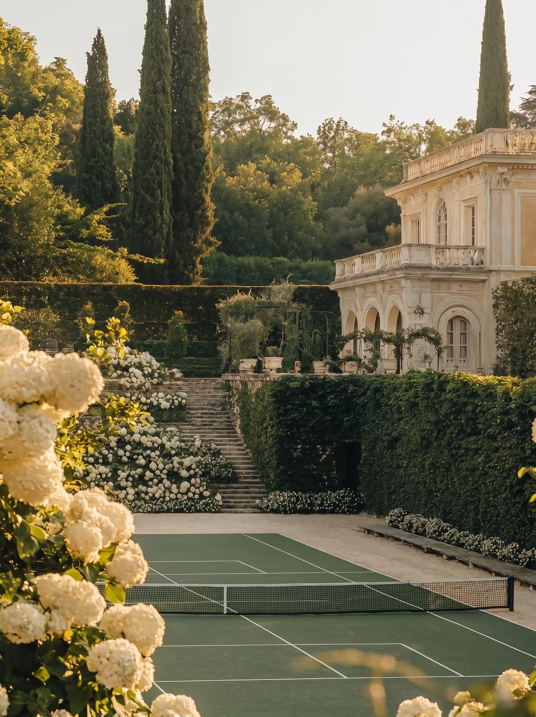 Tennis court surrounded by white flowers, hedges, tall trees, and a classic stone villa in sunlight.