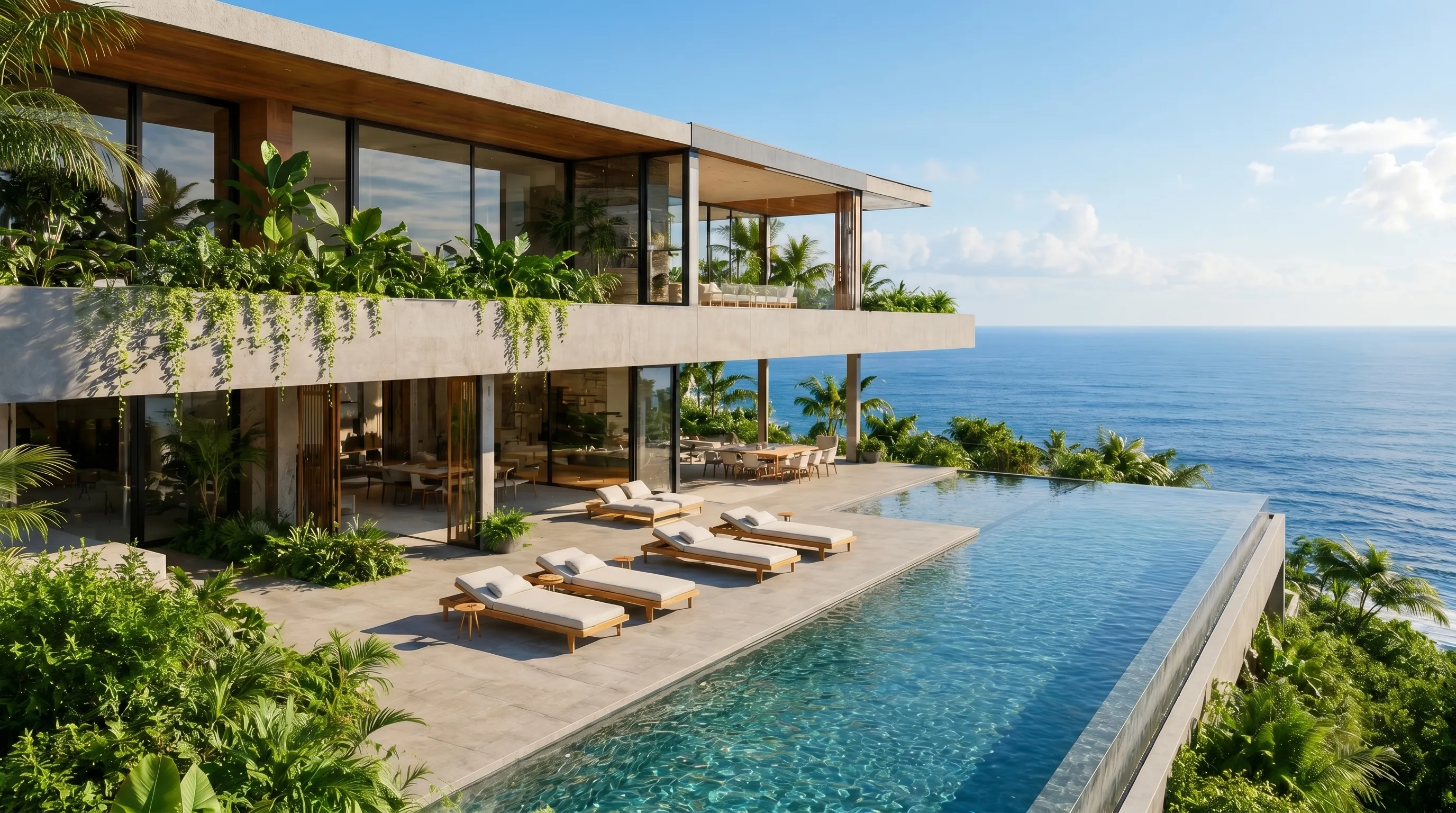 Modern house with glass walls, terrace loungers, and an infinity pool overlooking the ocean.