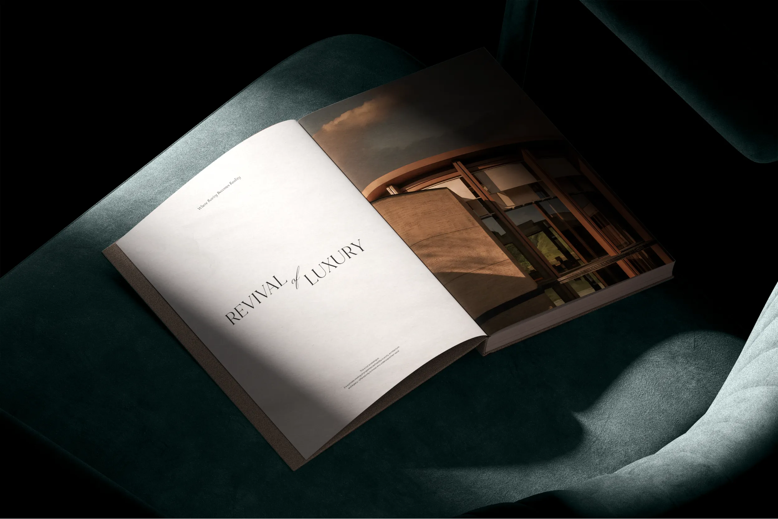 Open book on green velvet chair showing a title page 'Revival of Luxury' and a building photo.