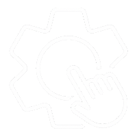 White gear icon with a hand and finger pressing at the center on a white background.